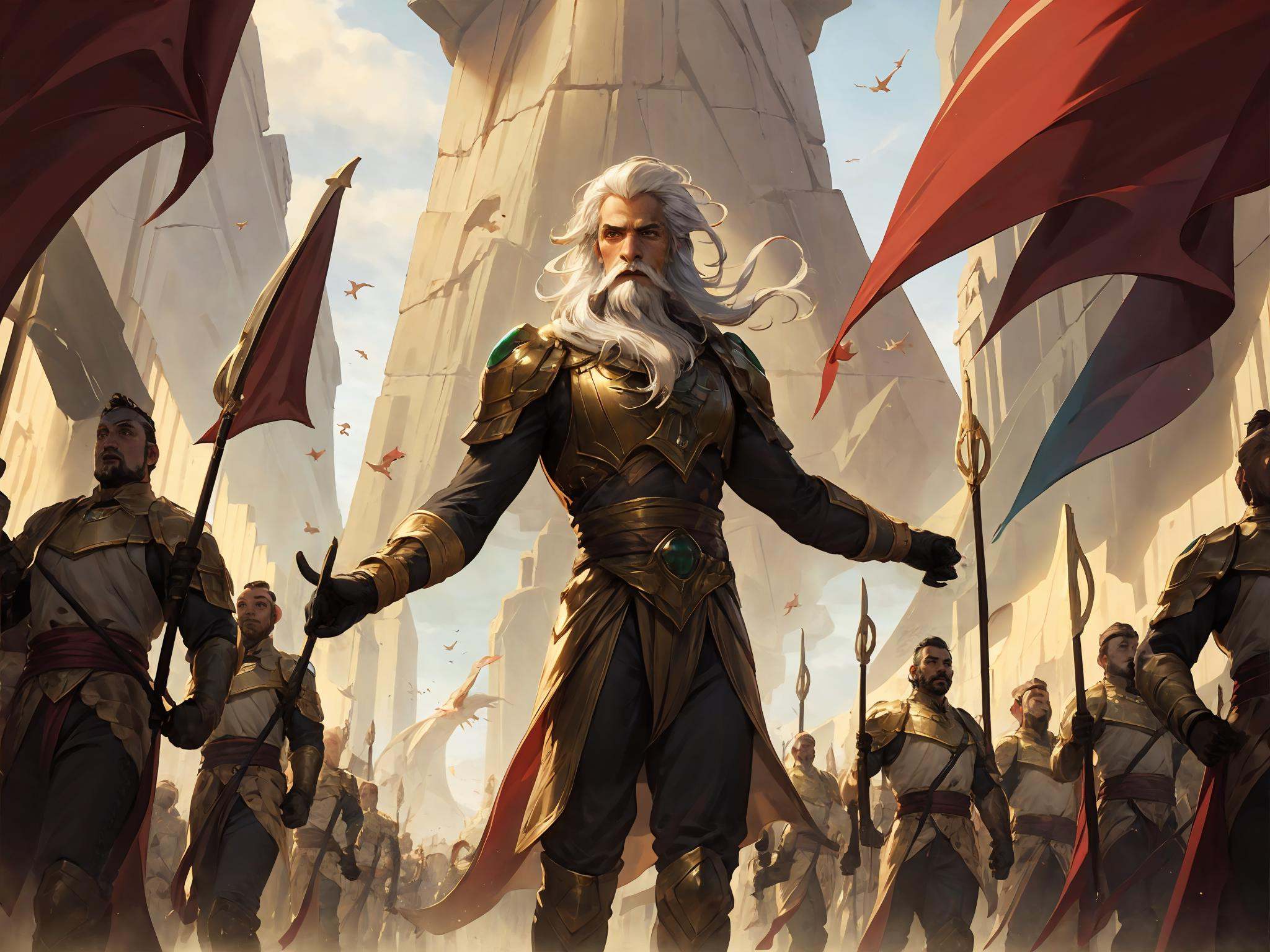 HEZI,LOL,lol style,game cg,beard, facial hair, flag, multiple boys, 6+boys, male focus, cape, armor, solo focus, bird, white hair, army, gloves, crowd, weapon,<lora:LOL恕瑞玛(8bit)-000005:0.65>,