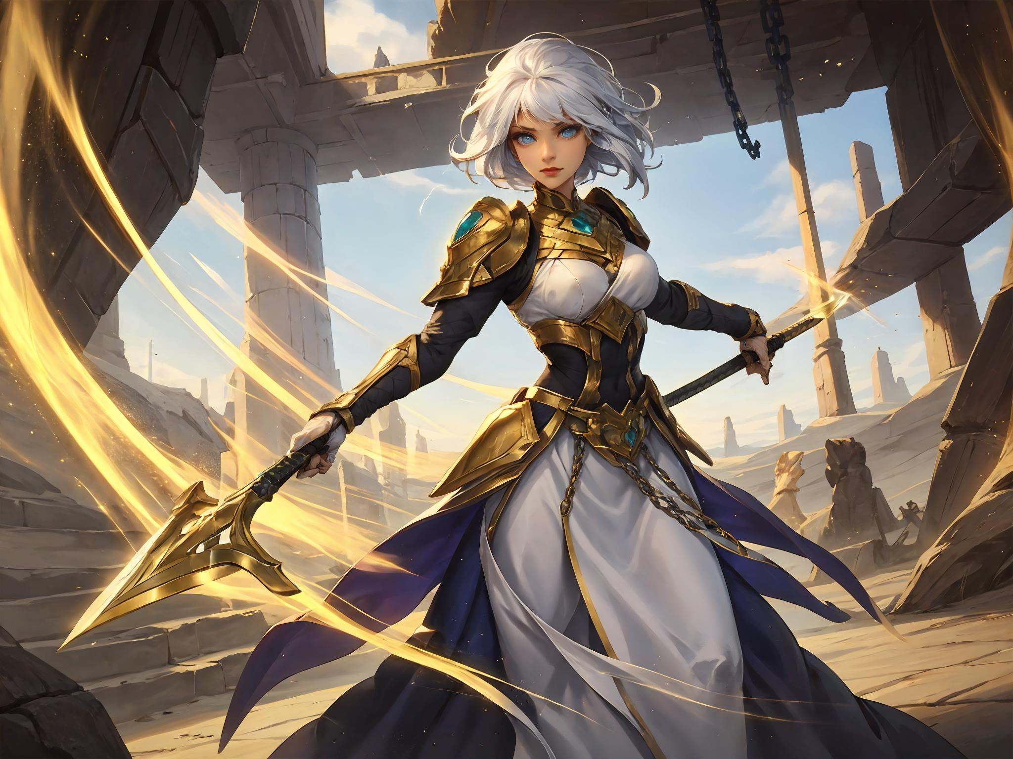 HEHEZI,LOL,\\\(lol style\\\),game cg,1girl weapon,sword,solo,long hair,holding,looking at viewer,armor,blue eyes,holding weapon,white skirt,holding sword,breasts,skirt,white hair,dress,chain,shoulder armor,long sleeves,<lora:LOL恕瑞玛(8bit)-000005:0.65>,
