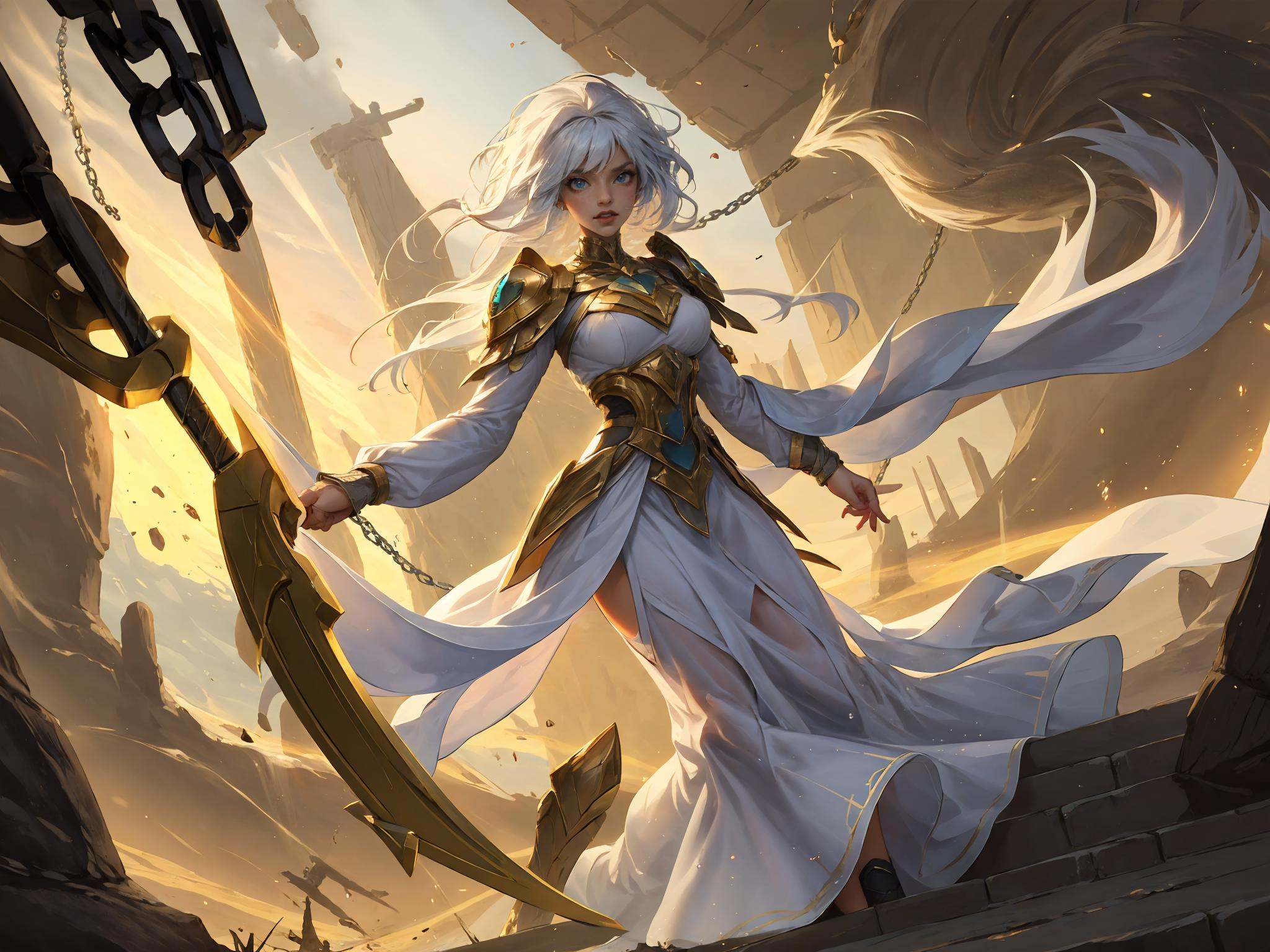 HEHEZI,LOL,\\\(lol style\\\),game cg,1girl weapon, sword, solo, long hair, holding, looking at viewer, armor, blue eyes, holding weapon, white skirt, holding sword, breasts, skirt, white hair, dress, chain, shoulder armor, long sleeves<lora:LOL恕瑞玛(8bit)-000005:0.65>,