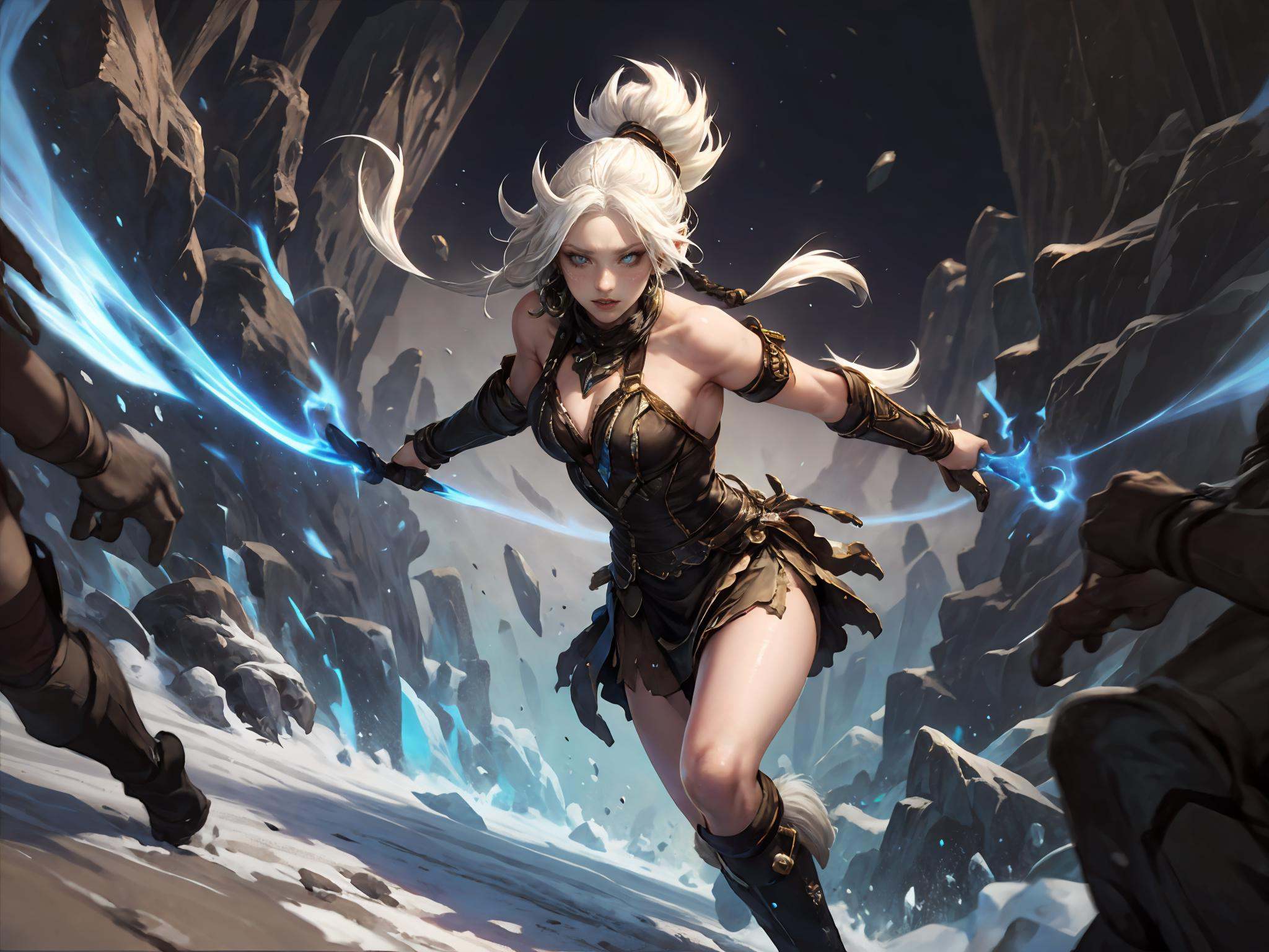 (masterpiece, best quality),intricate details,(Best quality)),((masterpiece)),((realistic)),(hyperrealism:1.2),(fractal art:1.2),.(1girl),(perfect face:1.3),riven \(league of legends\),folded ponytail,short dress,coreset,single pauldron,white hair,black eyeshadow,bare shoulders,yellow eyes,white hair,.extreme detailed eyes,colorful,highest detailed,vibrant colors,high contrast,. (8K UHD:1.2),(photorealistic:1.2),<lora:LOL弗雷尔卓德(8bit）:0.6>,