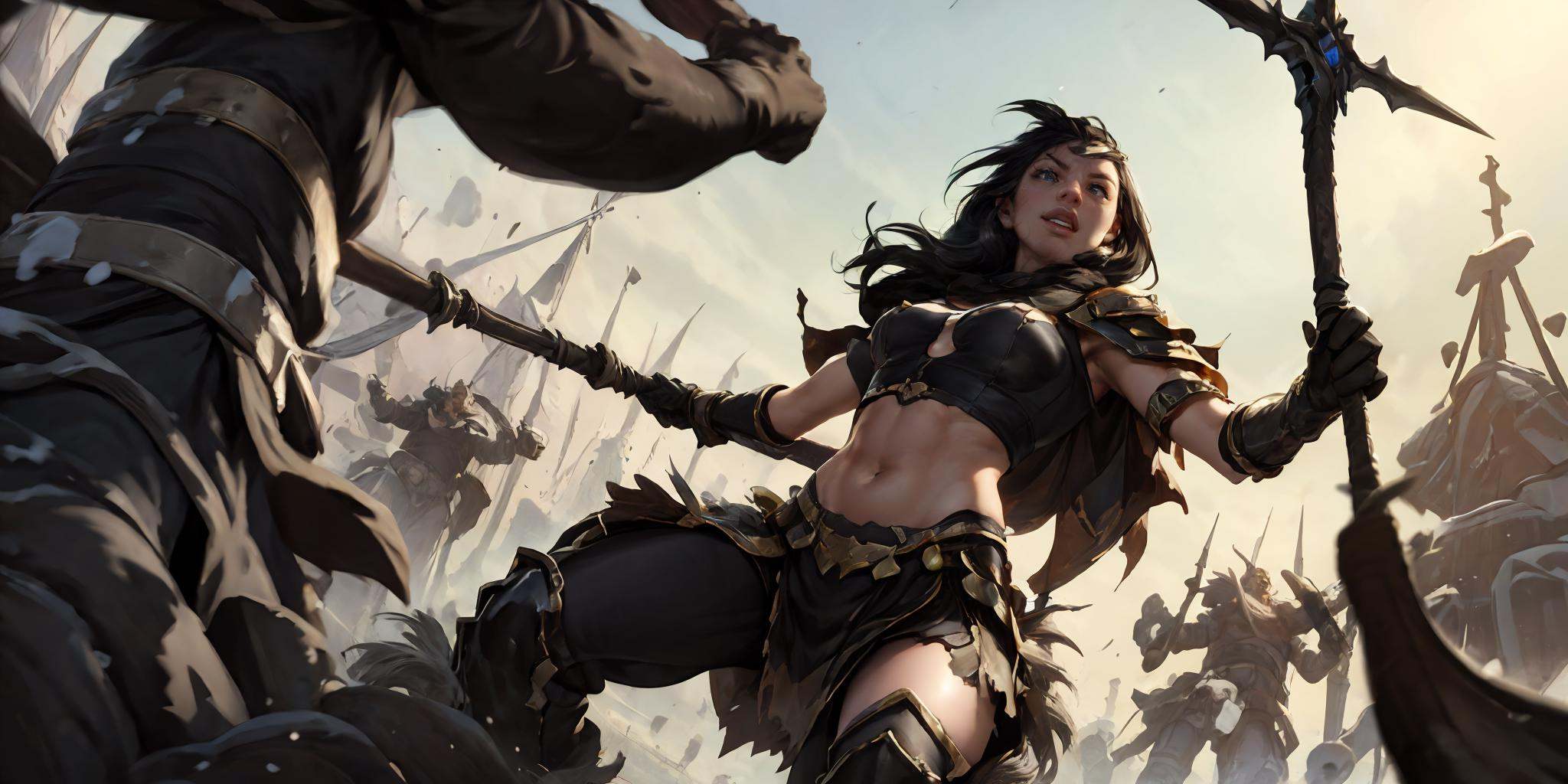 HEZI,LOL,lol style,game cg,long hair,1girl,weapon,black hair,gloves,navel,armor,solo focus,polearm,thighhighs,midriff,dark skin,black gloves,fighting stance,sword,spear,<lora:LOL弗雷尔卓德(8bit）:0.65>,