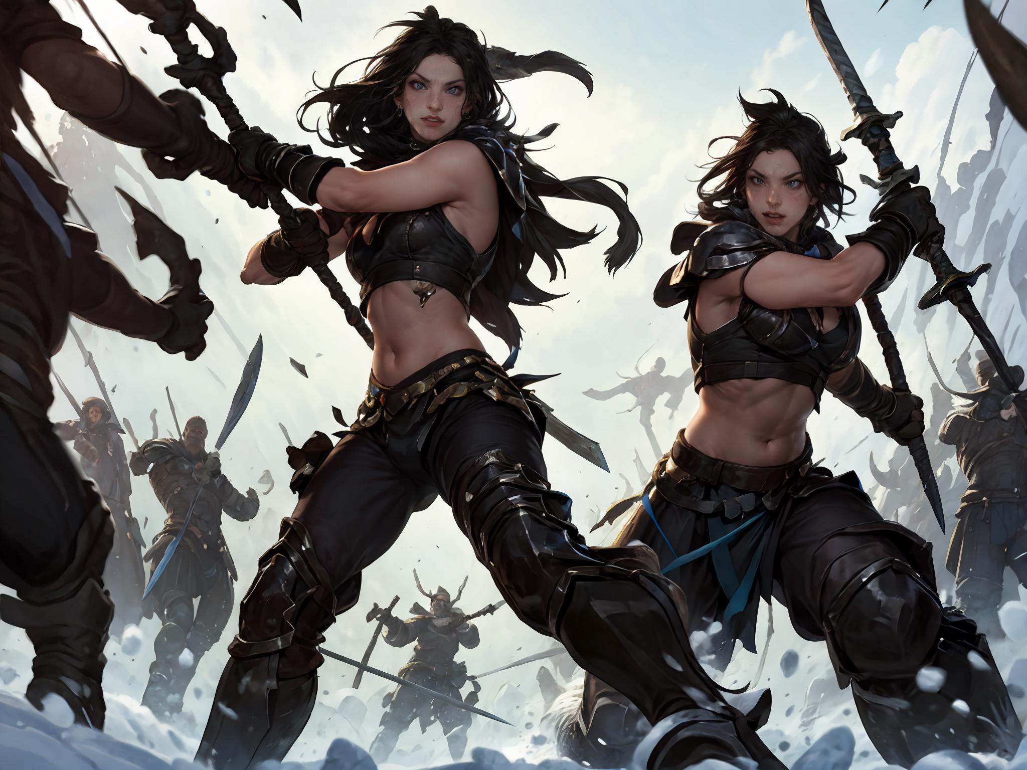 HEZI,LOL,lol style,game cg,long hair,1girl,weapon,black hair,gloves,navel,armor,solo focus,polearm,thighhighs,midriff,dark skin,black gloves,fighting stance,sword,spear,<lora:LOL弗雷尔卓德(8bit）:0.65>,