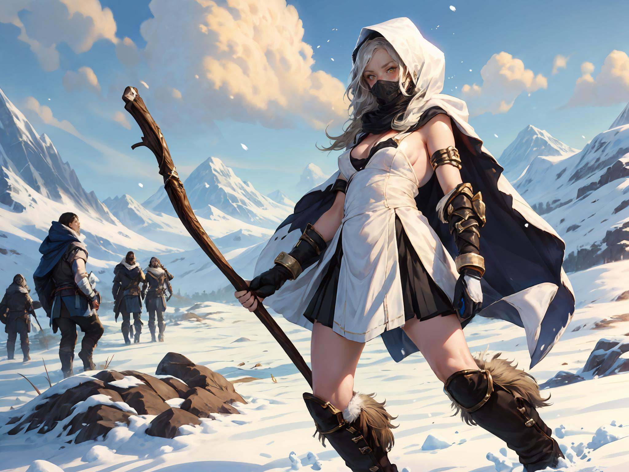 HEZI,LOL,\(lol style\),game cg,weapon,(1girl:2),snow,bow \(weapon\),multiple boys,aurora,white hair,hood,breasts,arrow \(projectile\),mountain,outdoors,medium breasts,bird,beard,boots,cleavage,3boys,armor,gloves,holding,mask,holding weapon,facial hair,cape,sky,long hair,quiver,2boys,snowing,armlet,winter,yellow eyes,hood up,standing,<lora:LOL弗雷尔卓德(8bit）:0.6>,