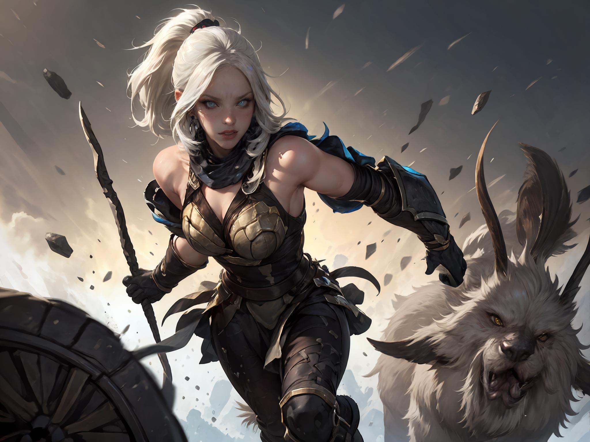 (masterpiece, best quality),intricate details,(Best quality)),((masterpiece)),((realistic)),(hyperrealism:1.2),(fractal art:1.2),.(1girl),(perfect face:1.3),riven \(league of legends\),folded ponytail,short dress,coreset,single pauldron,white hair,black eyeshadow,bare shoulders,yellow eyes,white hair,.extreme detailed eyes,colorful,highest detailed,vibrant colors,high contrast,. (8K UHD:1.2),(photorealistic:1.2),<lora:LOL弗雷尔卓德(8bit）:0.6>,