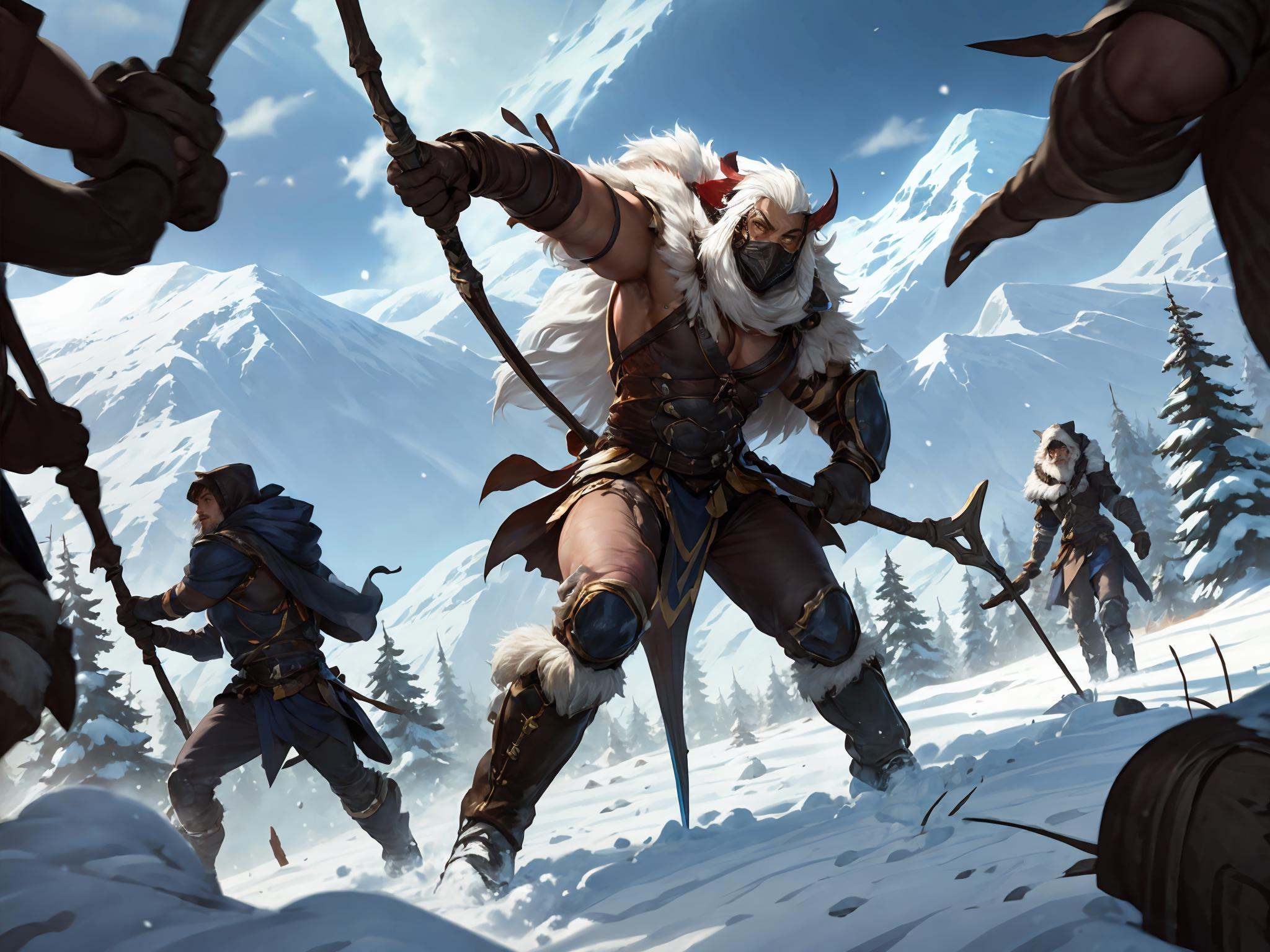 HEZI, LOL, \(lol style\), game cg, weapon, (1girl:1.5), snow, bow \(weapon\), multiple boys, aurora, white hair, hood, breasts, arrow \(projectile\), mountain, outdoors, medium breasts, bird, beard, boots, cleavage, 3boys, armor, gloves, holding, mask, holding weapon, facial hair, cape, sky, long hair, quiver, 2boys, snowing, armlet, winter, yellow eyes, hood up, standing<lora:LOL弗雷尔卓德(8bit）:0.6>,