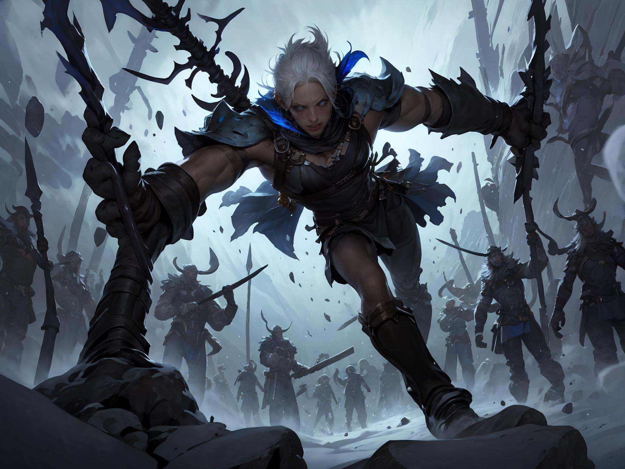 (masterpiece, best quality),intricate details,(Best quality)),((masterpiece)),((realistic)),(hyperrealism:1.2),(fractal art:1.2),.(1girl),(perfect face:1.3),riven \(league of legends\),folded ponytail,short dress,coreset,single pauldron,white hair,black eyeshadow,bare shoulders,yellow eyes,white hair,.extreme detailed eyes,colorful,highest detailed,vibrant colors,high contrast,. (8K UHD:1.2),(photorealistic:1.2),<lora:LOL弗雷尔卓德(8bit）:0.6>,