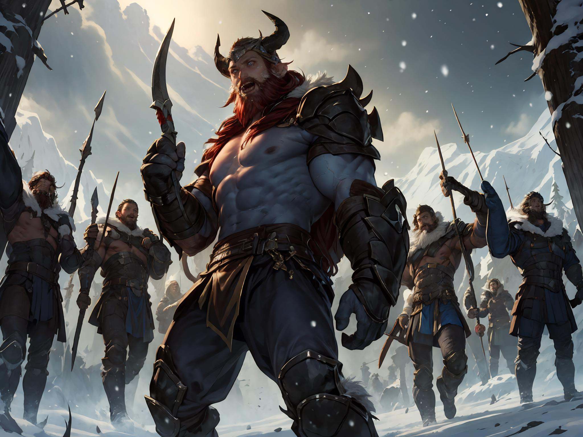 HEZI, LOL, \(lol style\), game cg, weapon, sword, armor, helmet, long hair, snow, holding weapon, bow \(weapon\), holding, glowing, male focus, muscular, horns, multiple boys, glowing eyes, snowing, standing, shoulder armor, abs, muscular male, holding sword, gauntlets, outdoors, arrow \(projectile\), pants, facial hair, 6+boys, horned helmet, beard, open mouth, battle, solo focus, fake horns, glowing weapon, giant, 1boy, polearm, holding bow \(weapon\), topless male, spear, teeth, pauldrons, belt, bandages, chain, looking at another, bandaged arm<lora:LOL弗雷尔卓德(8bit）:0.6>,