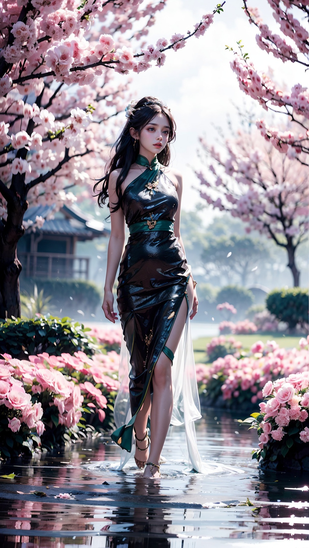 Taoyuan Chronicles,peach blossom,1girl,peach,Abundant Peach Blossoms,Long hair,Fluttering hair,Headwear,Blurred background,Black hair,full body,Floral dress,side,Extend your hand,Wading in water,water,Standing on the water, hand101, Multidimensional diffraction paper