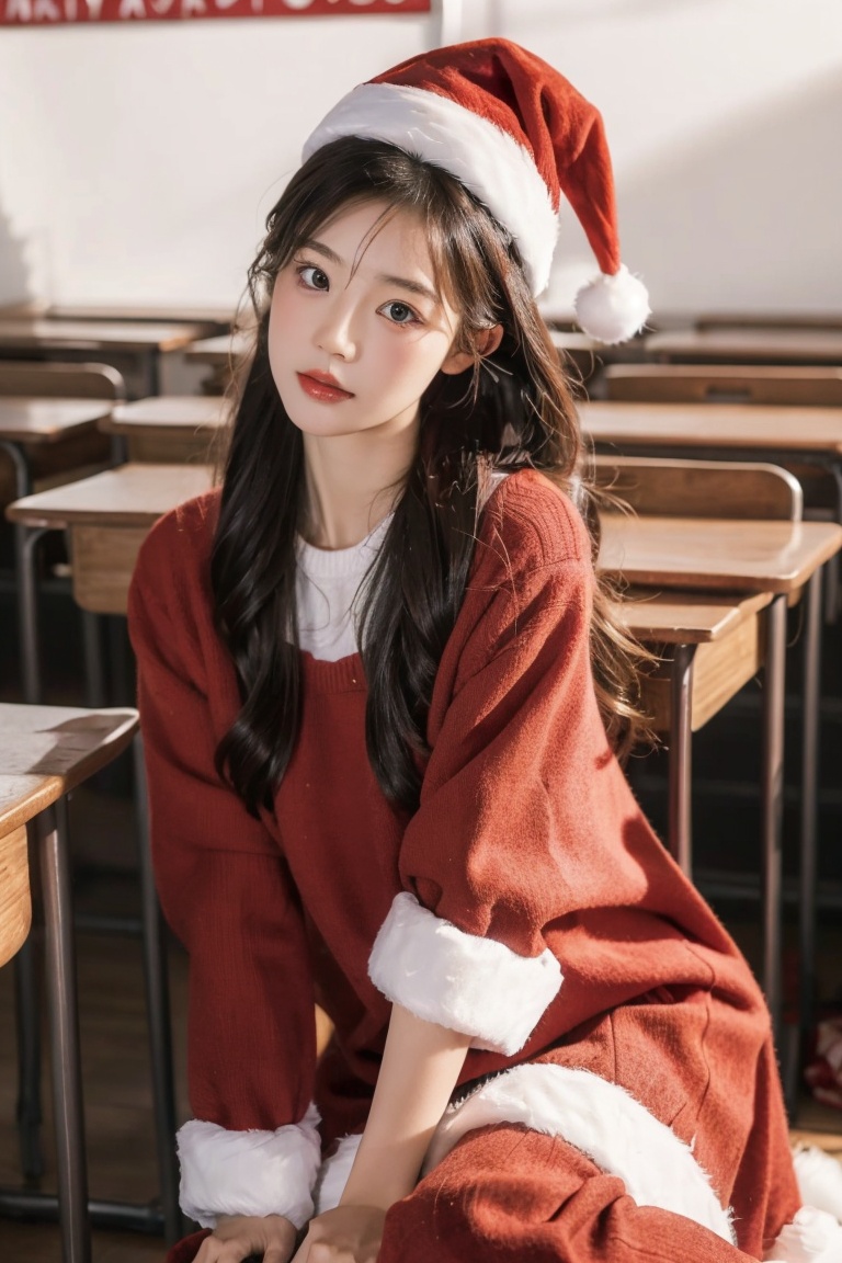 ((best quality)), ((masterpiece)), 1girl, christmas, simple background, red cloth, classroom,<lora:EMS-223490-EMS:0.600000>