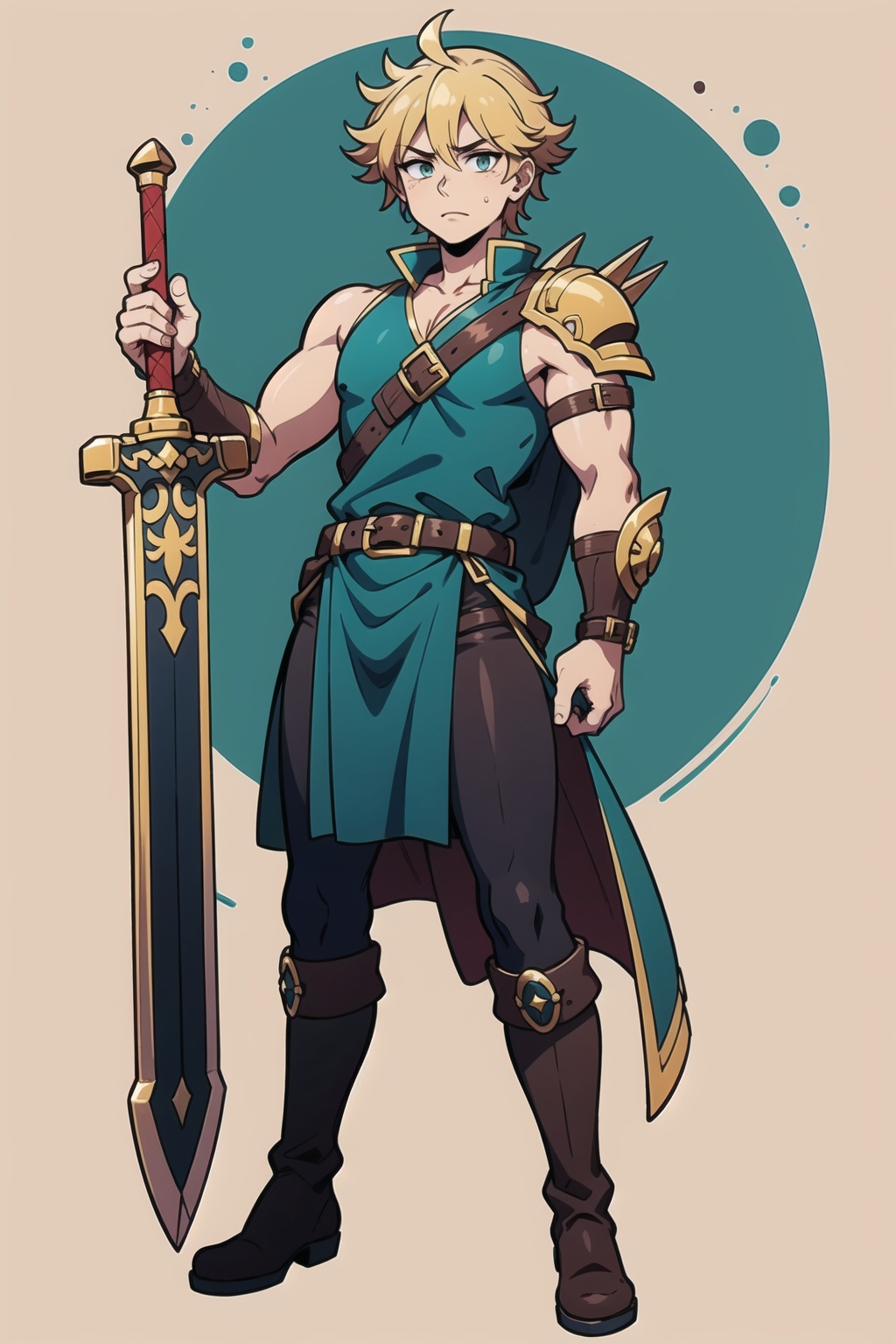A wide angle full-length shot of Zepheus,  Zepheus has a lean yet muscular warrior’s build,  dirty blonde hair styled in a...