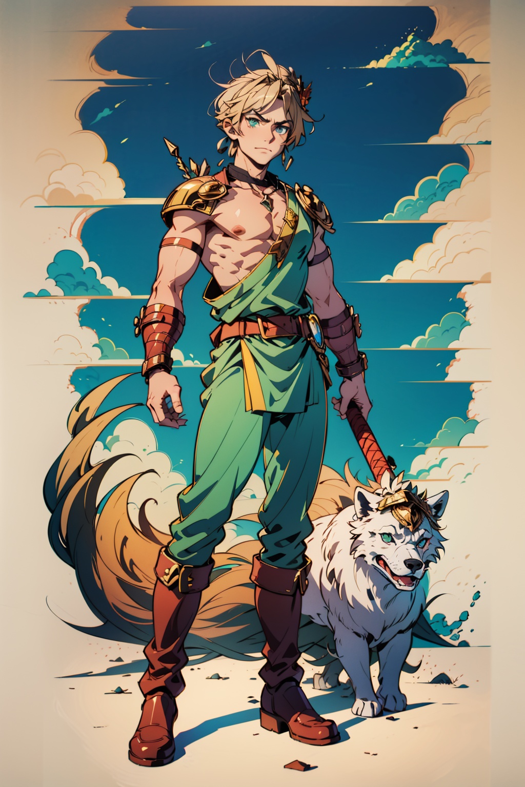 A wide angle full-length shot of Zepheus,  Zepheus has a lean yet muscular warrior’s build,  dirty blonde hair styled in a...