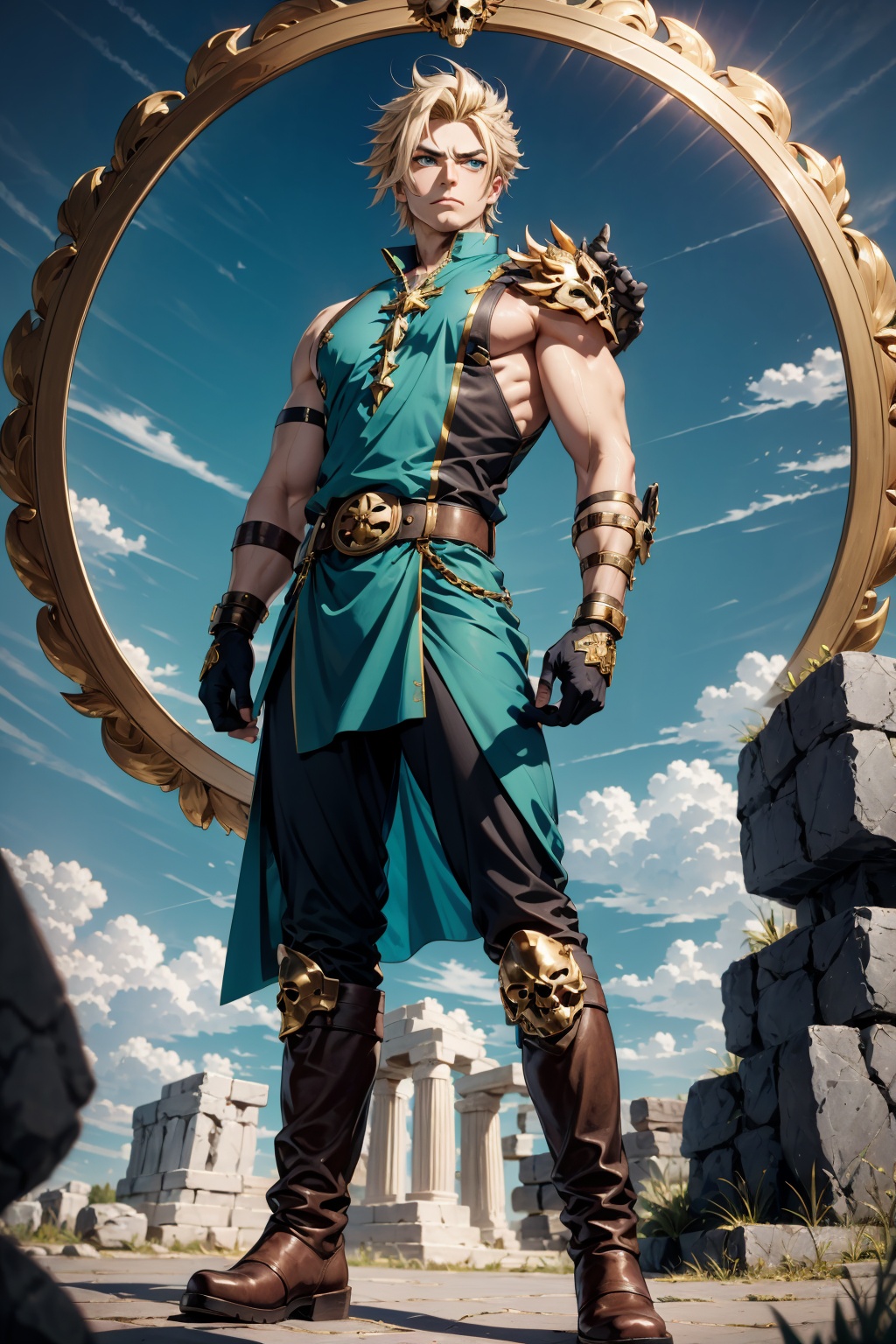 A wide angle full-length shot of Zepheus,  Zepheus has a lean yet muscular warrior’s build,  dirty blonde hair styled in a...
