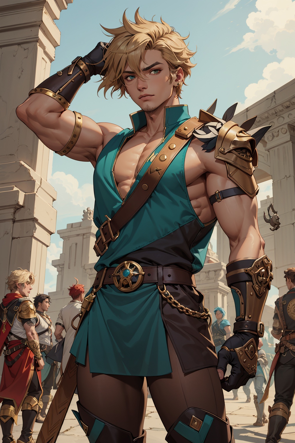 A wide angle full-length shot of Zepheus,  Zepheus has a lean yet muscular warrior’s build,  dirty blonde hair styled in a...
