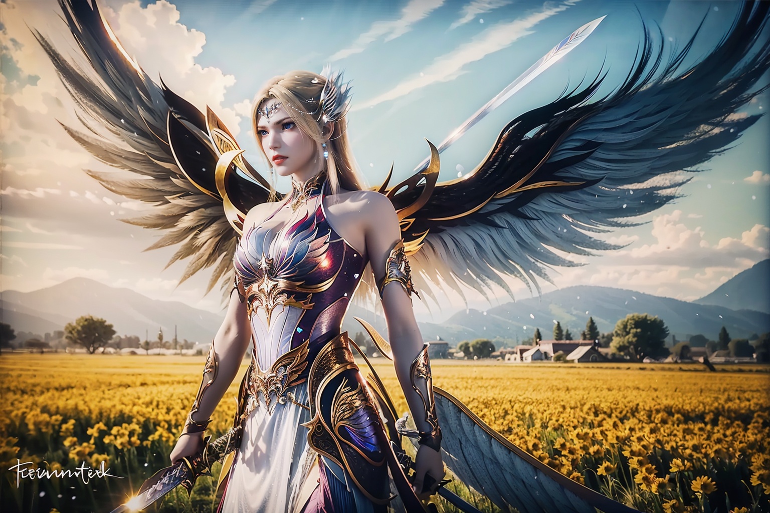  (8k, RAW photo, best quality, masterpiece:1.2),, ,((looking at viewer)), 1girl,, flower_field, lips, ,(((wings, feathered_wings,sword)))