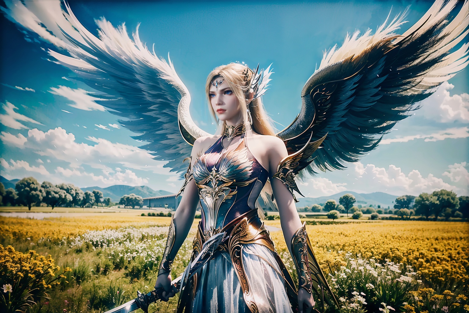  (8k, RAW photo, best quality, masterpiece:1.2),, ,((looking at viewer)), 1girl,sky, flower_field, lips, ,(((wings, feathered_wings,sword)))