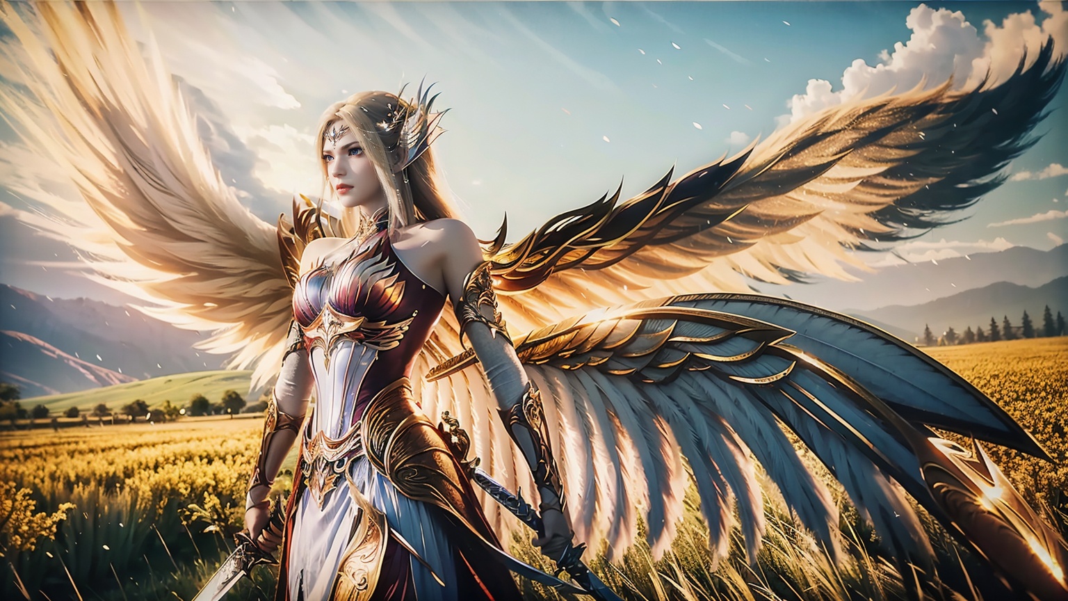  (8k, RAW photo, best quality, masterpiece:1.2),, ,((looking at viewer)), 1girl,, flower_field, lips, ,(((wings, feathered_wings,sword)))