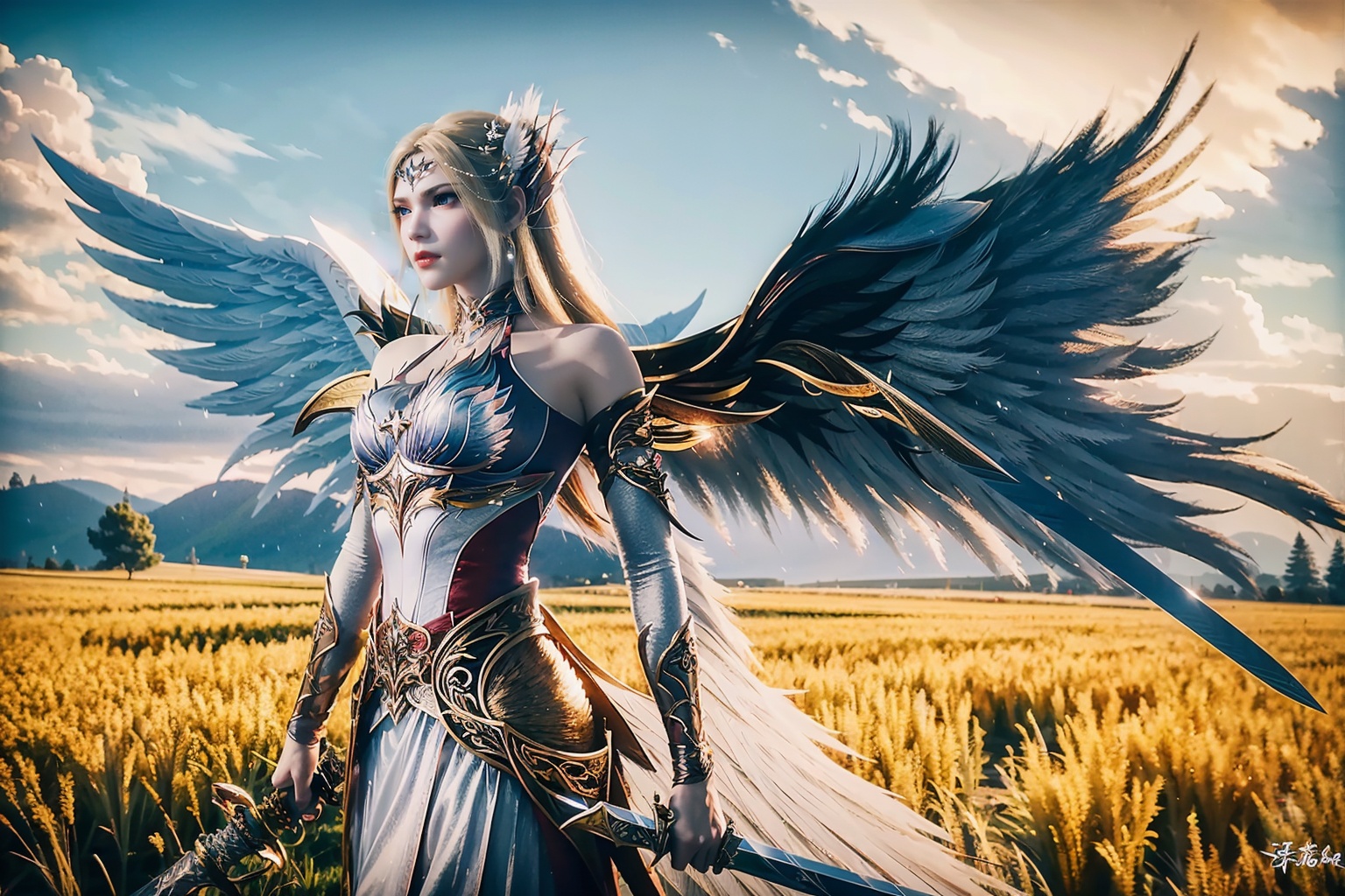  (8k, RAW photo, best quality, masterpiece:1.2),, ,((looking at viewer)), 1girl,sky, flower_field, lips, ,(((wings, feathered_wings,sword)))