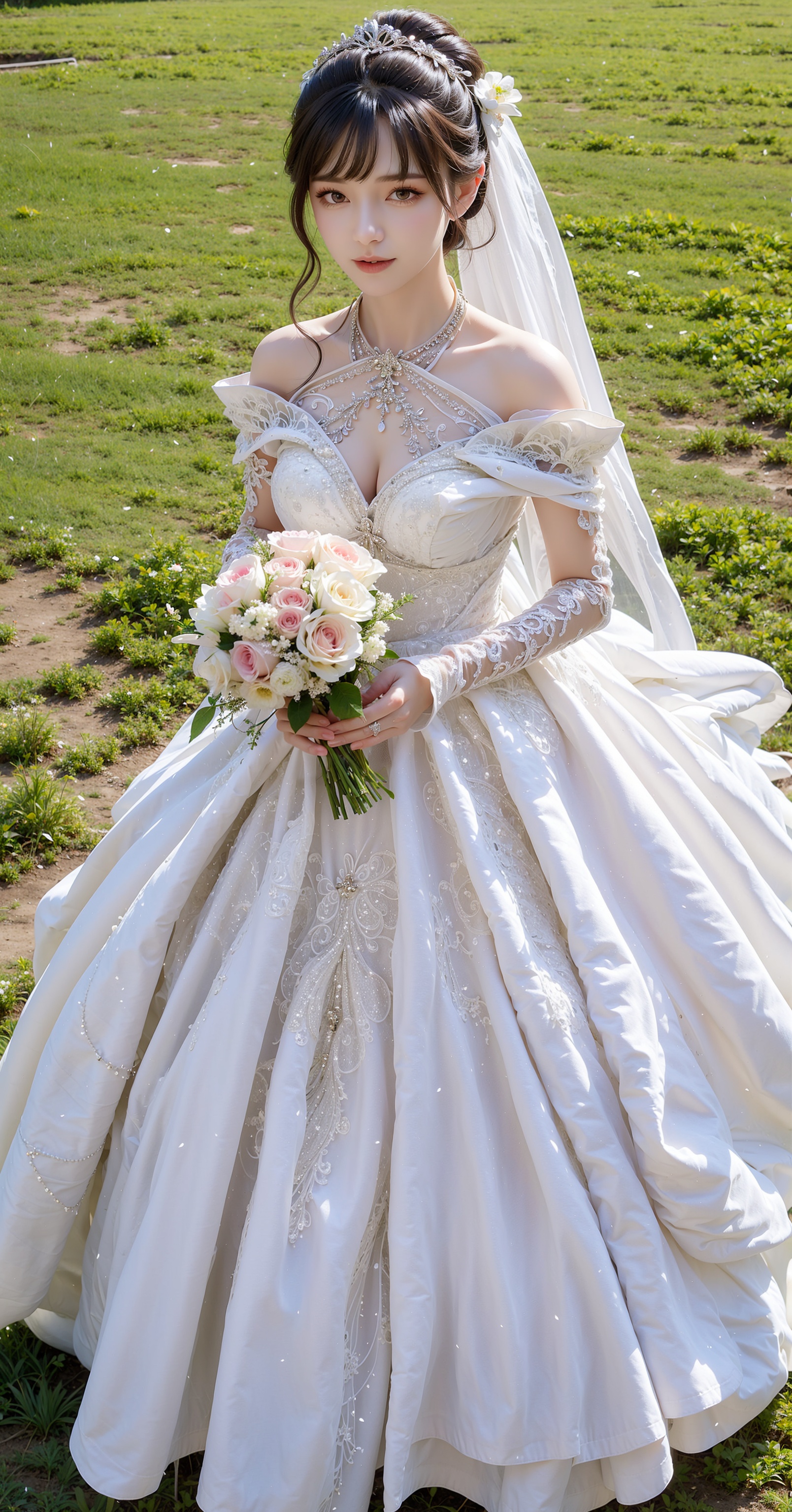 Girl,  curly hair,  wearing stunning wedding dress,  white wedding dress,  holding flowers,  wedding,  flowers,  grass,<lora:EMS-39509-EMS:0.300000>,<lora:EMS-7720-EMS:-0.300000>,<lora:EMS-40340-EMS:0.700000>,<lora:EMS-223884-EMS:0.800000>
