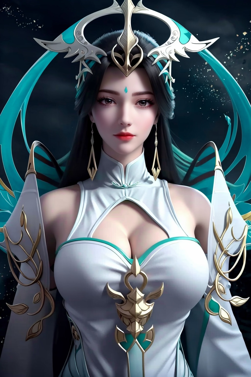Best Quality,masterpiece,ultra-high resolution,(photo realistic:1.4),Surrealism,Fantastical verisimilitude,beautiful blue-skinned goddess Phoenix Peacock on her head,fantastical creation,thriller color scheme,surrealism,abstract,psychedelic,1 girl,flower,castle,(full shot),(breasts, cleavage:1.2),looking_at_viewer,fu,<lora:1211ls-000012:0.8 >,