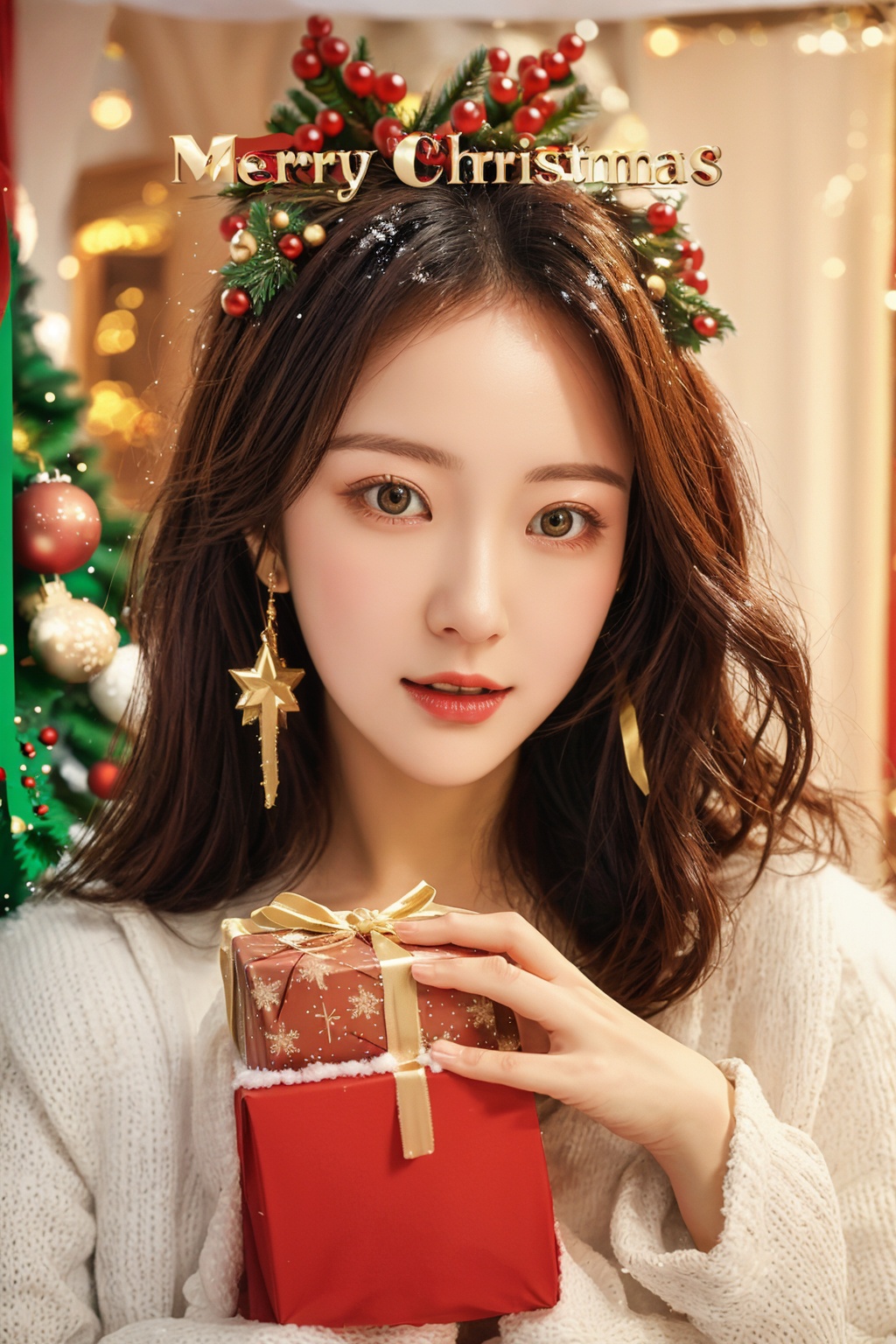 Merry Christmas, Christmas ornaments, Christmas lights, Christmas tree, atmosphere, Christmas gift box, snow, High Detail Masterpiece, Viewing Angle, Depth of Field, Photographic Lighting, Rich Detail, High Definition, High quality, 8K,