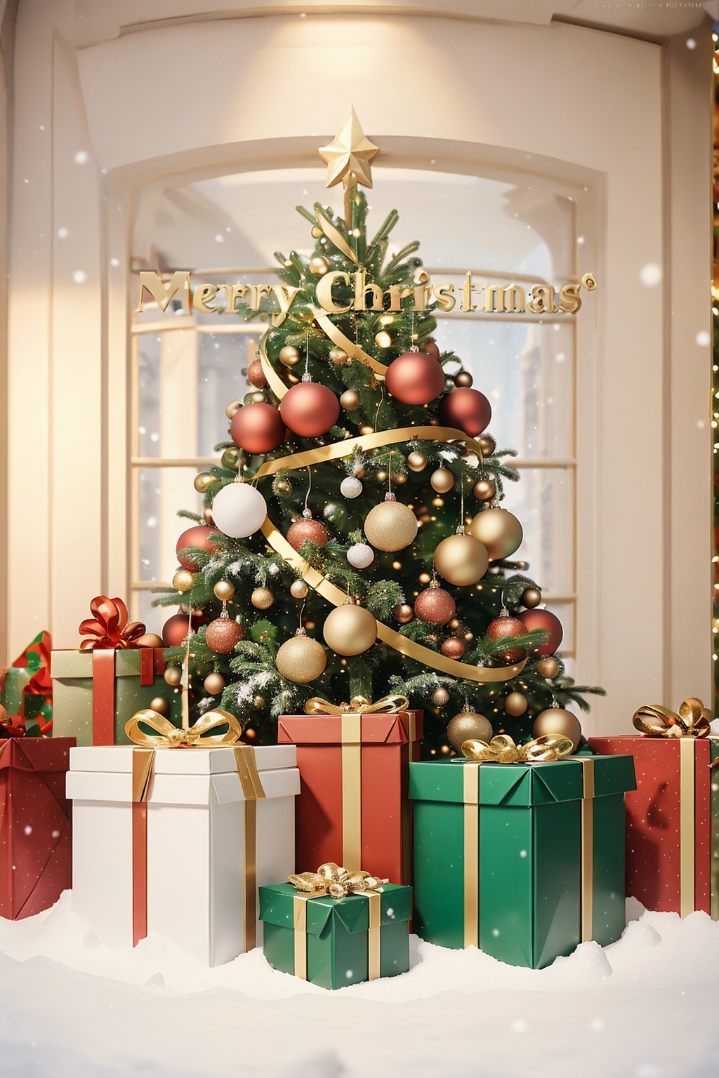 Merry Christmas, Christmas ornaments, Christmas lights, Christmas tree, atmosphere, Christmas gift box, snow, High Detail Masterpiece, Viewing Angle, Depth of Field, Photographic Lighting, Rich Detail, High Definition, High quality, 8K,