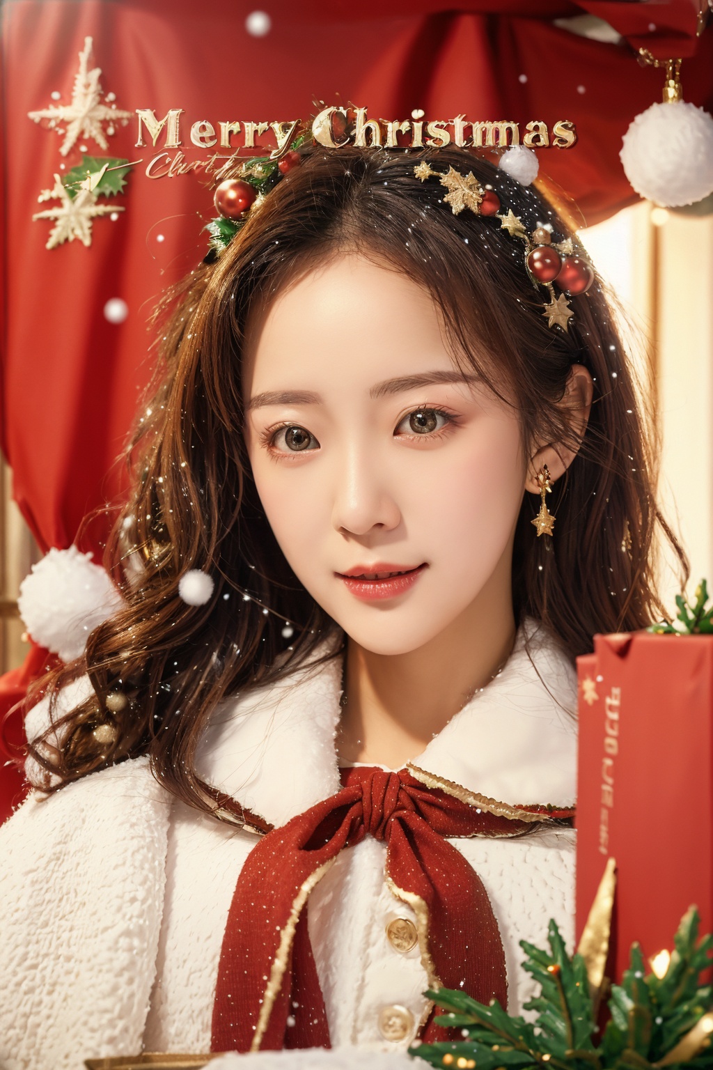 Merry Christmas, Christmas ornaments, Christmas lights, Christmas tree, atmosphere, Christmas gift box, snow, High Detail Masterpiece, Viewing Angle, Depth of Field, Photographic Lighting, Rich Detail, High Definition, High quality, 8K,