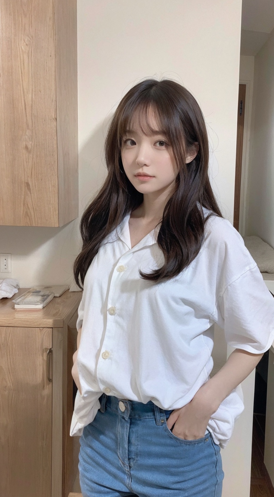  Best quality,1girl named aki, (aki's face),aki,long wavy hair,good proportions,shapely body,indoors, akl, aki,solo,close up