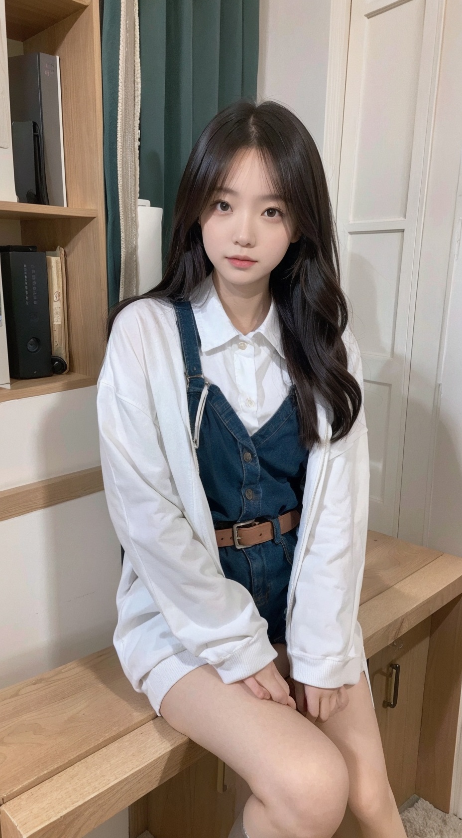  Best quality,1girl named aki, (aki's face),aki,long wavy hair,full body,open clothes,sitting, full body camera, xtt,good anatomy,good proportions,shapely body,indoors, akl, aki,solo