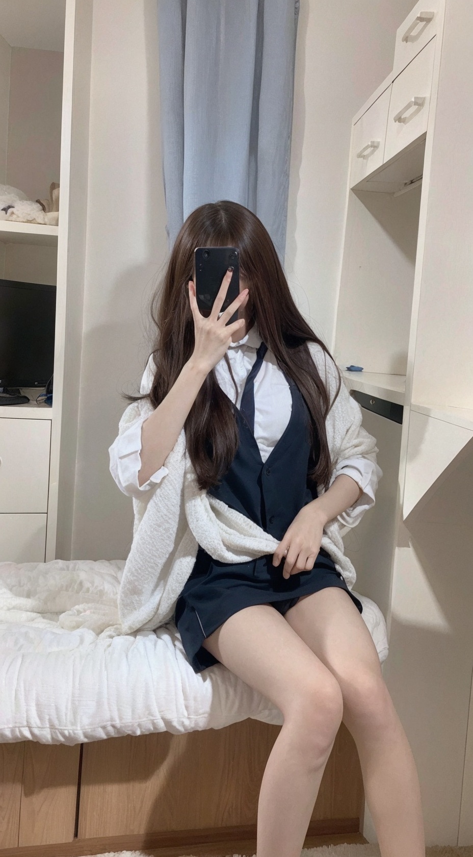  Best quality,1girl named aki, (aki's face),aki,long wavy hair,full body,open clothes,sitting, full body camera, xtt,good anatomy,good proportions,shapely body,indoors, akl, aki,solo