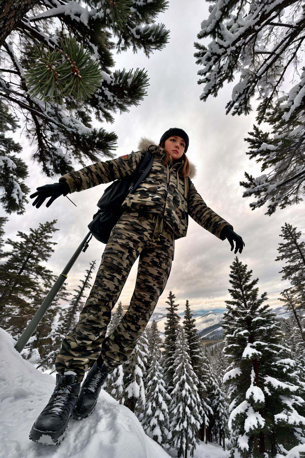 1girl in militrous,  Glistening Snowy Pine Forests,  Dramatic High-Angle Perspective on Tensor.Art