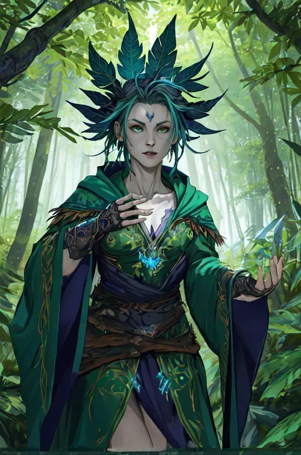 Female Mage wearing Dark Steel Gauntlets with Enchanted Runes and Cobalt Edges ,  Verdant Green Druid Robe with Leaf Patte...