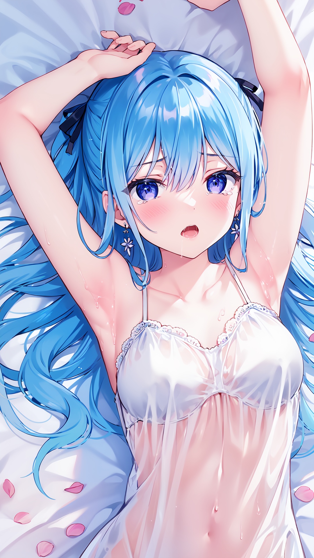 1girl, solo, long hair, blush, open mouth, arms up, bangs, collarbone, armpits, saliva, purple ribbon, purple eyes, on back, lying, sweat, petals, looking at viewer, hair between eyes, bed sheet, ribbon, hair ribbon, blue hair, tears, upper body, earrings, White sheer nightgown, dress,slip dress,breasts, dakimakura (medium), blue eyes