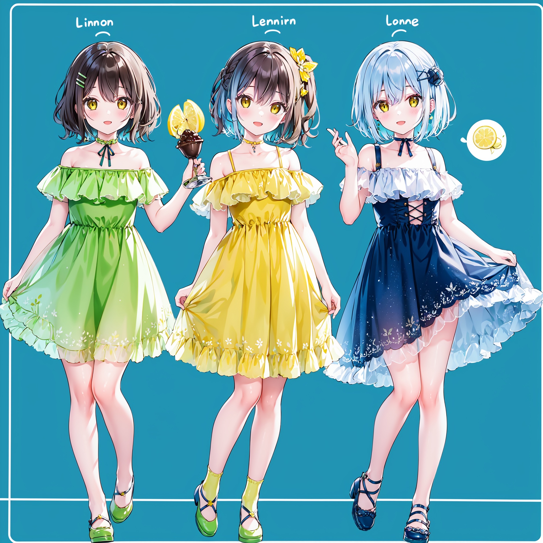 multiple girls, 2girls, dress, lemon, food, shoes, blue hair, long hair, pantyhose, fruit, brown eyes, smile, socks, hair bun, brown hair, lemon slice, bangs, blush, closed mouth, single hair bun, standing, short sleeves, hair ornament, looking at viewer, green dress, hairclip, see-through, collarbone, bare shoulders, choker, standing on one leg, green footwear, short hair, open mouth, blue background, off-shoulder dress, full body, brown footwear, hair between eyes, yellow choker, frills, off shoulder, parted lips, sleeveless dress, yellow footwear, sleeveless, yellow dress, yellow eyes, food-themed hair ornament, :d, bow,,,,,,