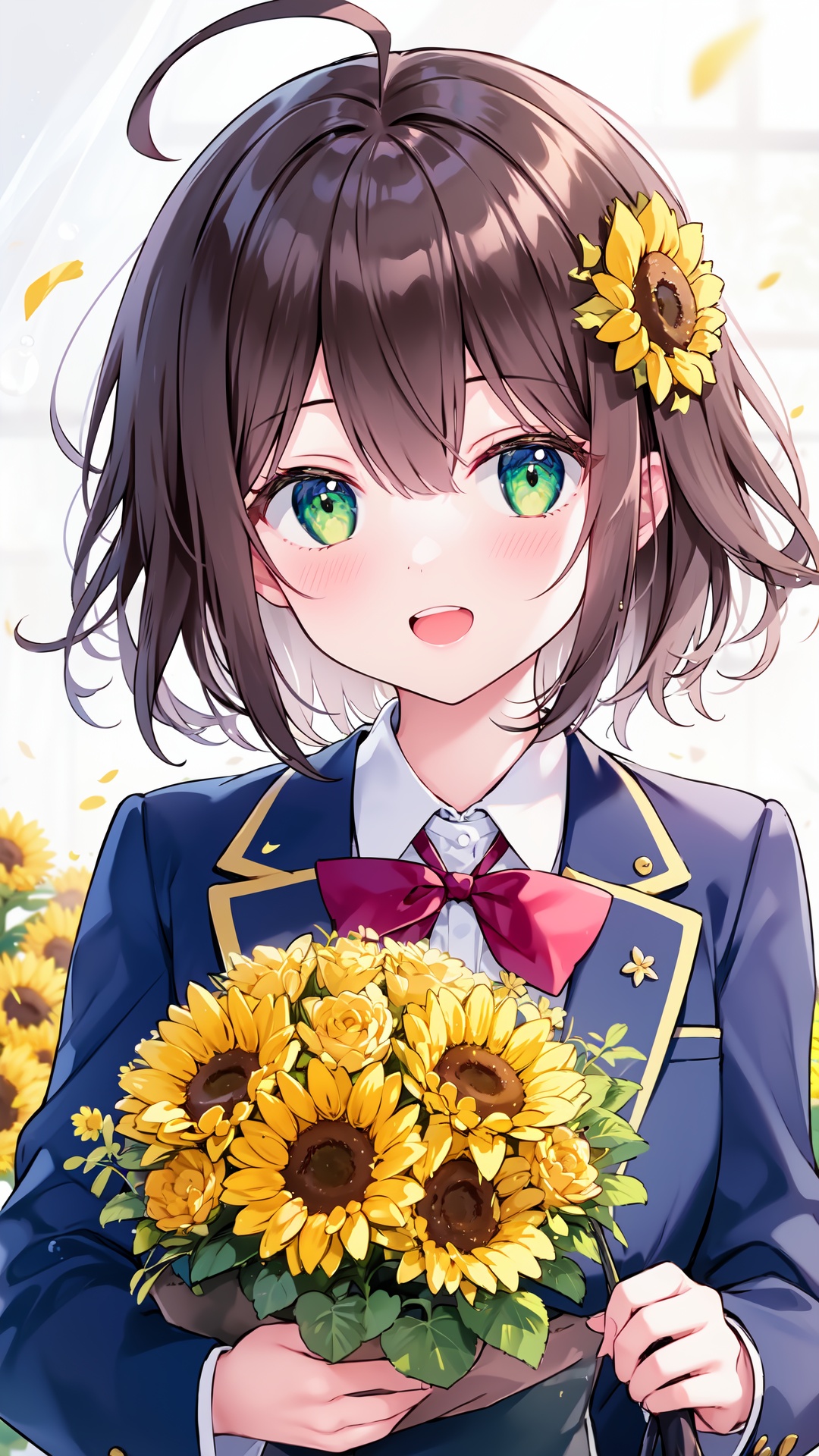 1girl, flower, sunflower, solo, virtual youtuber, hair ornament, yellow flower, green eyes, ahoge, hair flower, smile, sunflower hair ornament, open mouth, jacket, bangs, bow, :d, shirt, collared shirt, white shirt, red bow, looking at viewer, upper body, blue jacket, upper teeth only, holding, hair between eyes, teeth, brown hair, bowtie, blazer, blush, red bowtie, school uniform, bouquet, medium hair, short hair, bubble, blurry
