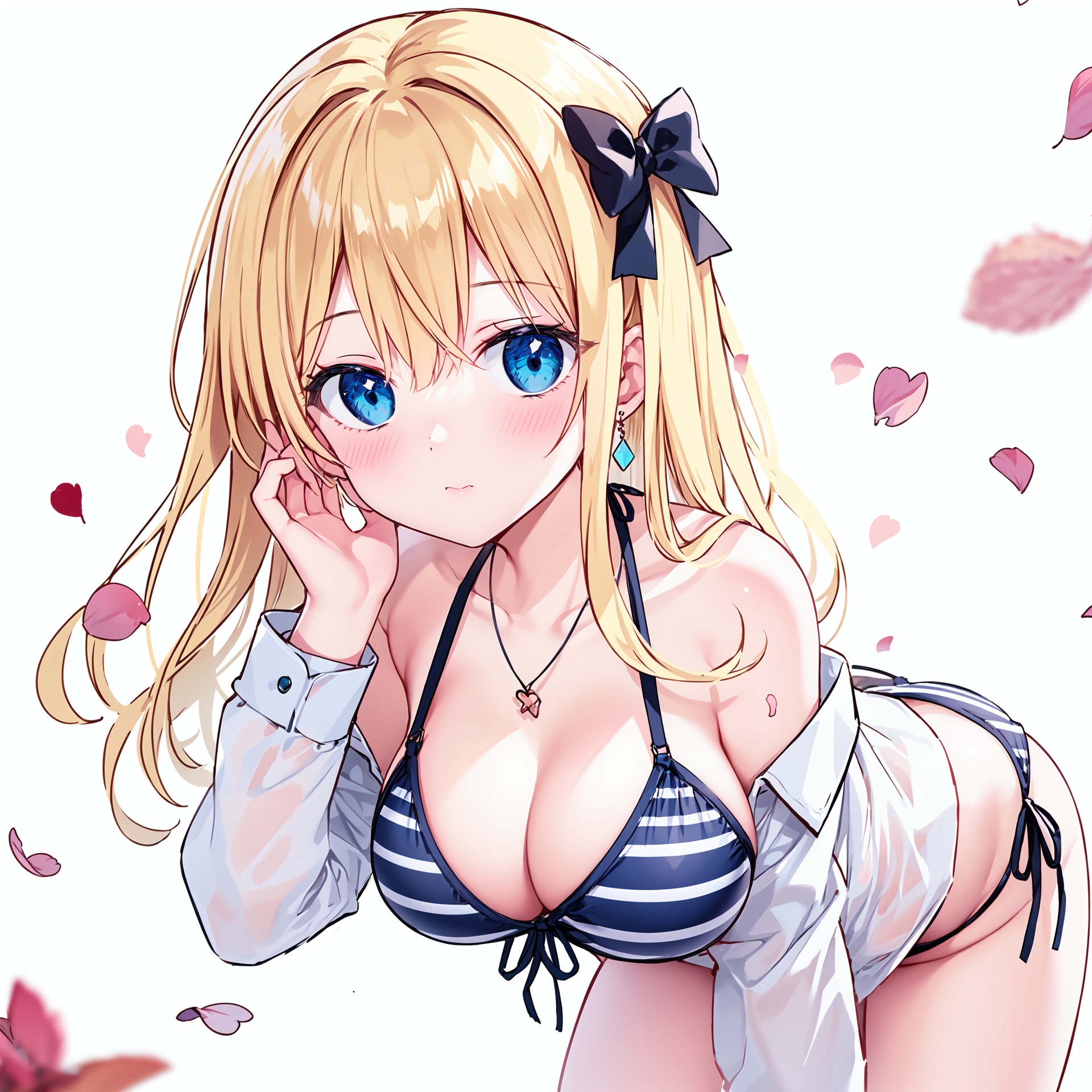 1girl, solo, breasts, blonde hair, long hair, cleavage, shirt, striped, swimsuit, bikini, bow, looking at viewer, hair bow, striped bikini, white shirt, necklace, blue eyes, jewelry, dress shirt, front-tie top, pink bow, bangs, blush, off shoulder, long sleeves, large breasts, collarbone, front-tie bikini top, collared shirt, hand up, closed mouth, open shirt, open clothes, bare shoulders, petals, blurry, leaning forward, halterneck, heart, very long hair, white background, depth of field, pink bikini, hair between eyes