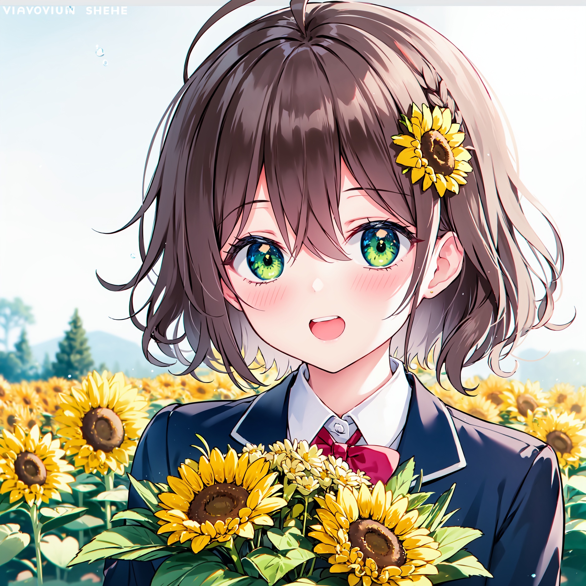 1girl, flower, sunflower, solo, virtual youtuber, hair ornament, yellow flower, green eyes, ahoge, hair flower, smile, sunflower hair ornament, open mouth, jacket, bangs, bow, :d, shirt, collared shirt, white shirt, red bow, looking at viewer, upper body, blue jacket, upper teeth only, holding, hair between eyes, teeth, brown hair, bowtie, blazer, blush, red bowtie, school uniform, bouquet, medium hair, short hair, bubble, blurry