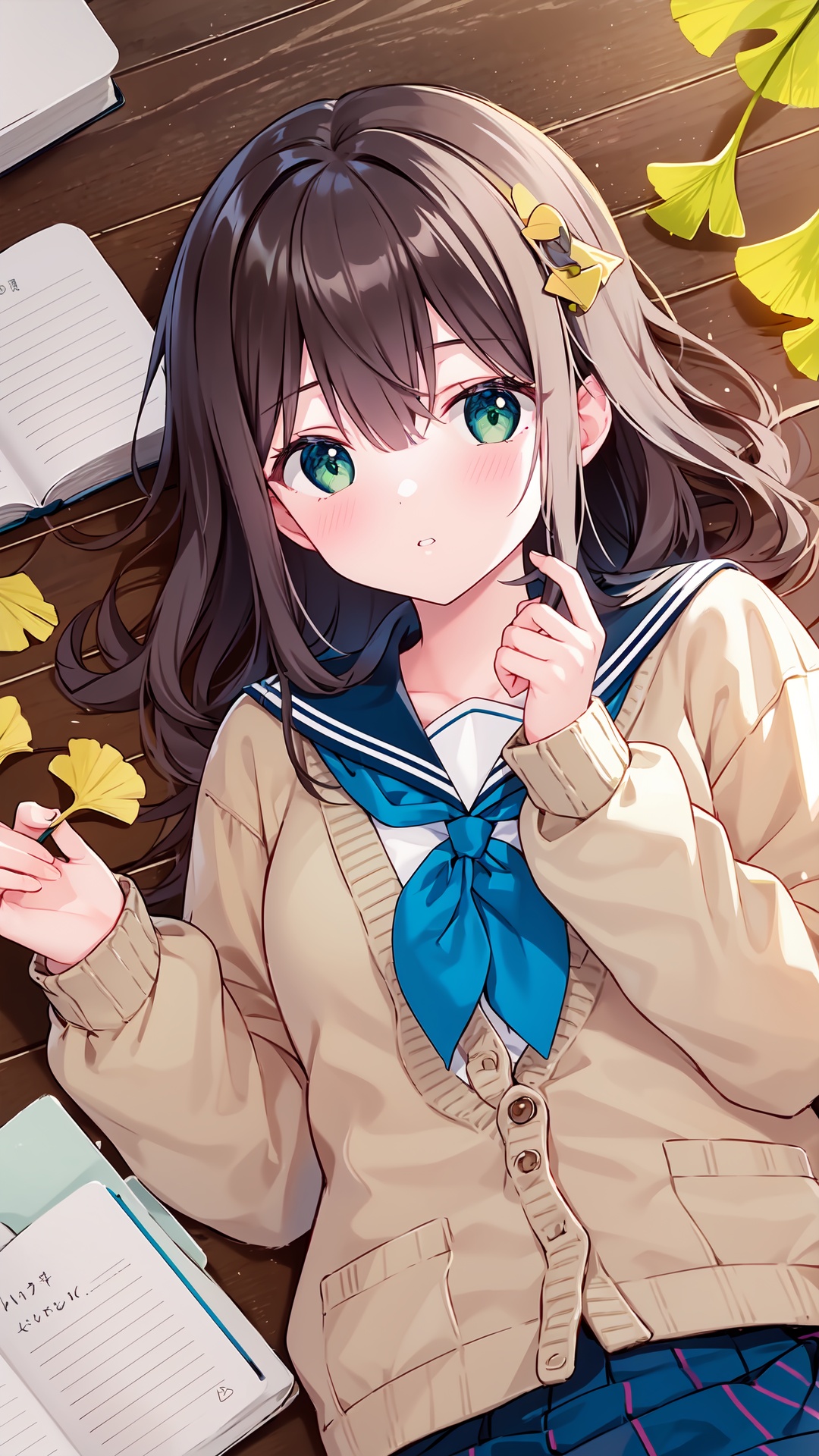 1girl,solo,school uniform,lying,green eyes,on back,brown hair,looking at viewer,on floor,book,serafuku,blue neckerchief,sailor collar,white shirt,neckerchief,leaf,blush,cardigan,shirt,ginkgo leaf,ginkgo leaf,open clothes,bangs,twitter username,parted lips,open cardigan,collarbone,long sleeves,holding leaf,holding,wooden floor,hair between eyes,upper body,long hair,indoors,brown cardigan,skirt,from above,autumn leaves,blue sailor collar,notebook,
