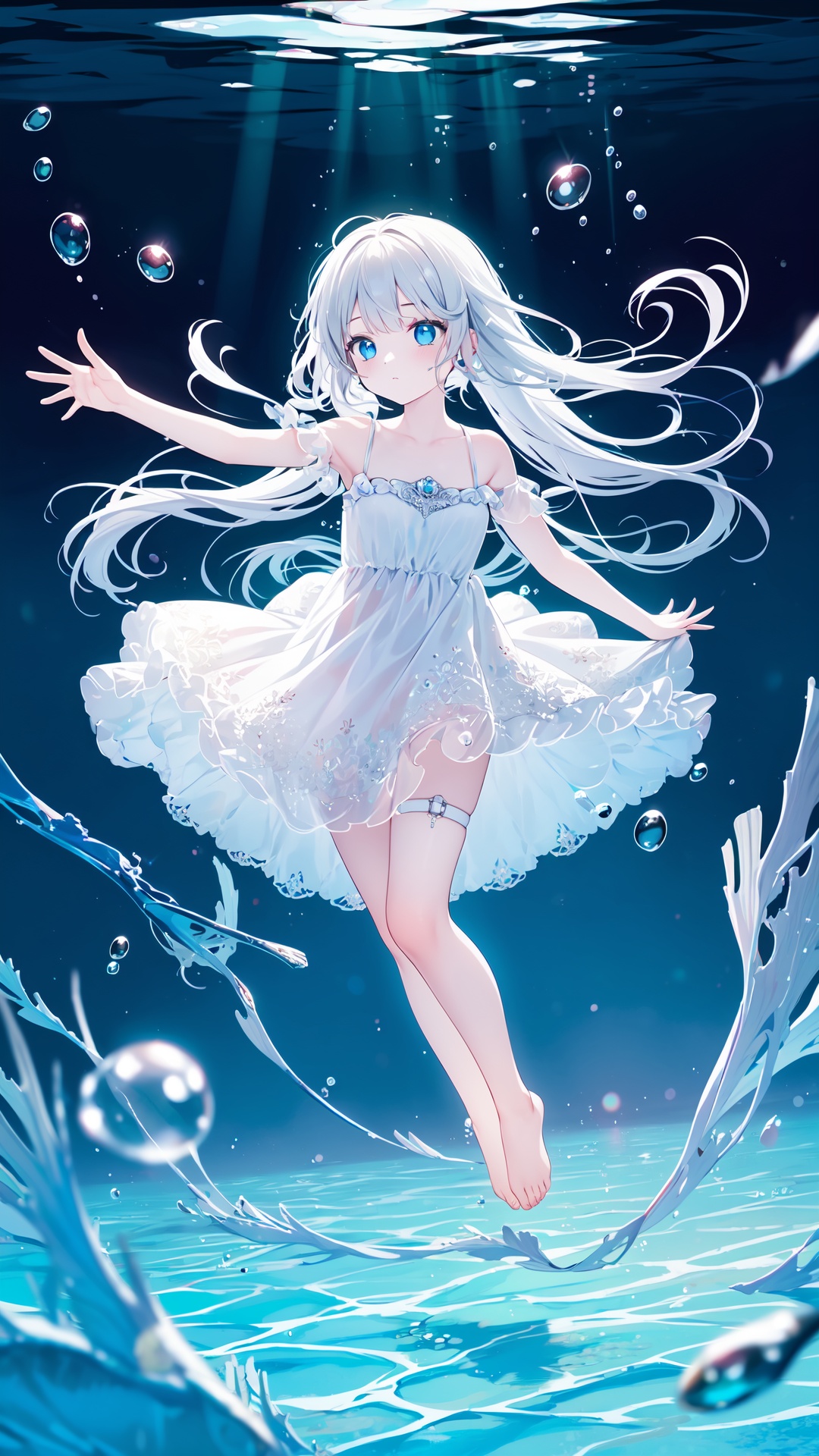 wide shot, (solo:1.3), dramatic angle, (underwater:1.2), masterpiece, best quality, intricate detail, 1girl, swimming, loli, (long hair:1.2), solo, expressionless, blue eyes, looking_up, shoulder strap dress, floating hair, floating clothes, god rays, bubble, barefoot, (full body:1.2), outstretched arm, , perfect hands