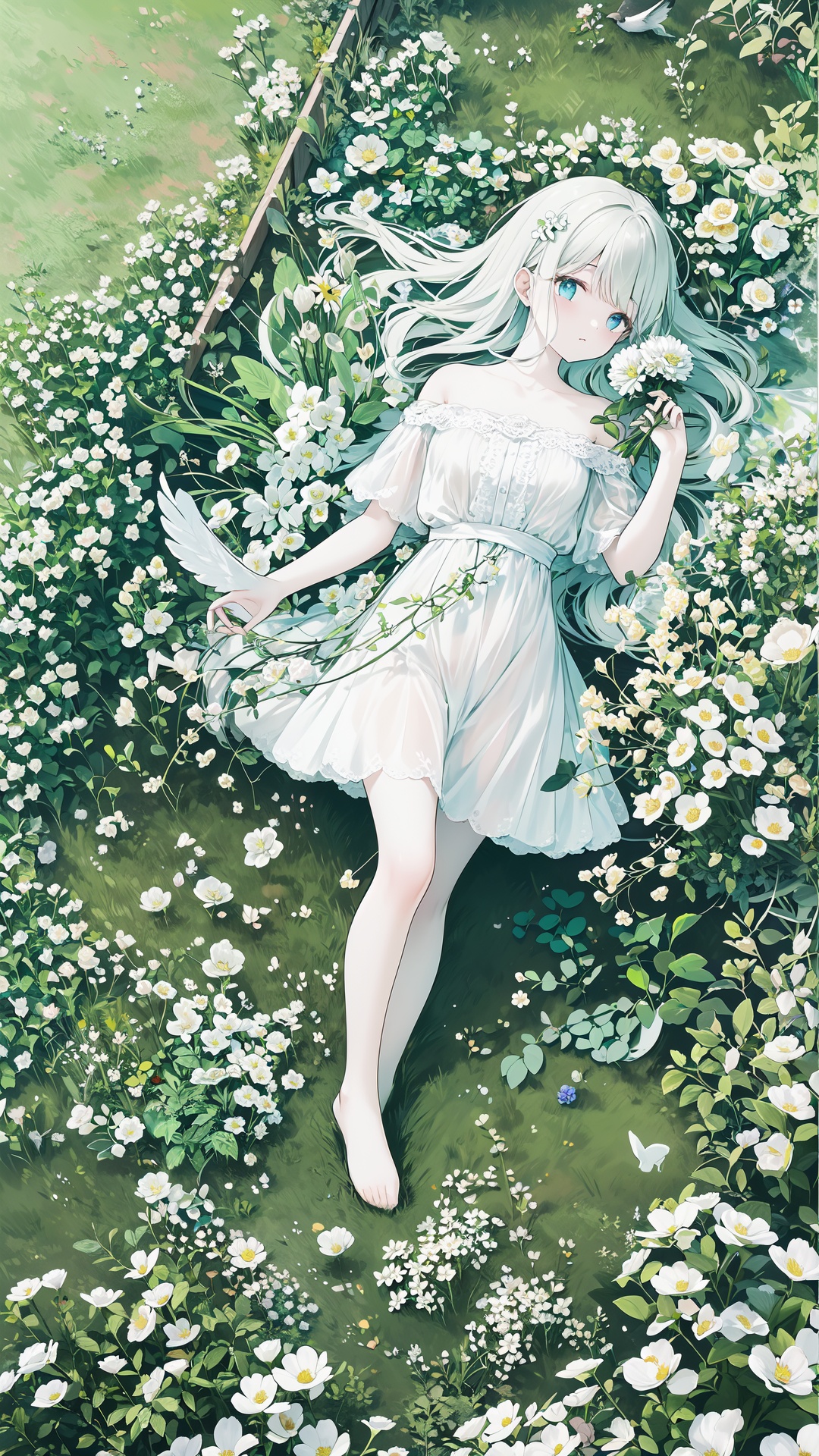(official art, 8k wallpaper, ultra detailed, High quality, best quality), white flowers , 1girl, from above, bird's-eye_view, vintage filter, among flowers, backlight, limited_palette, white, field s of flowers