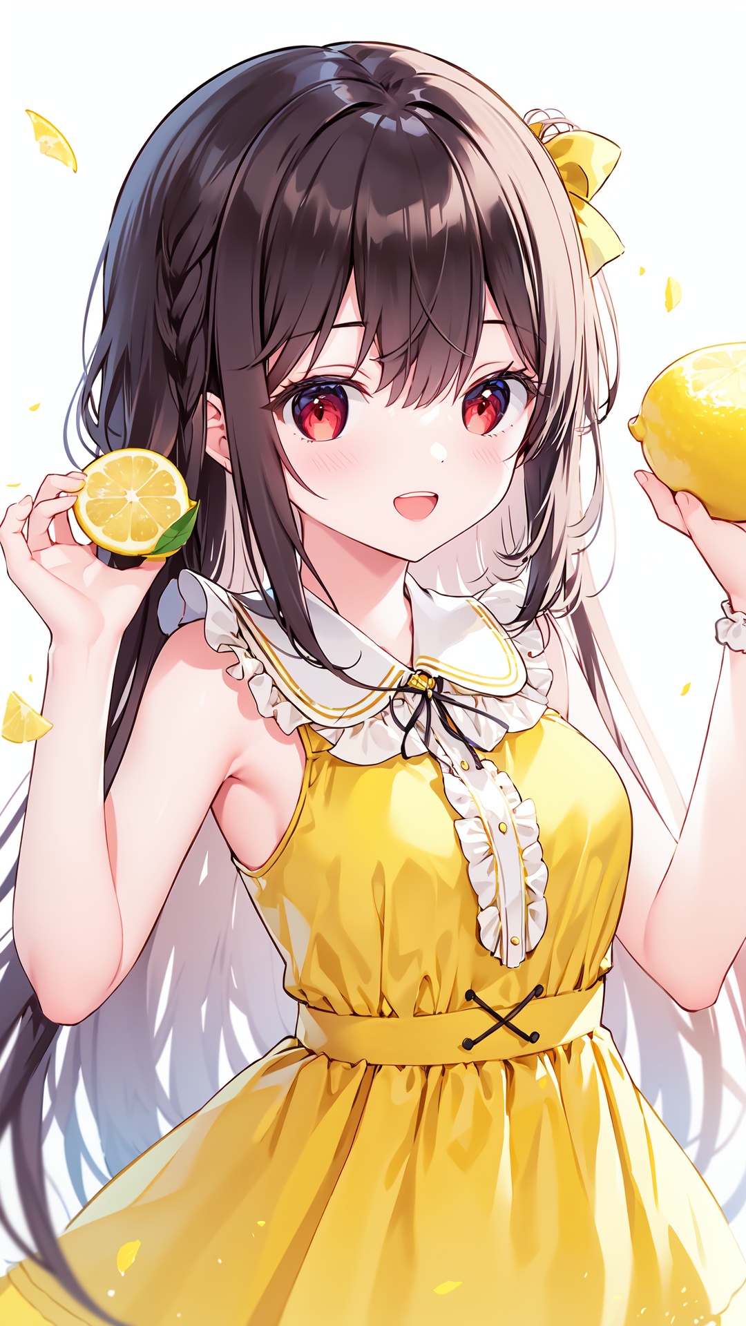 1girl, food, solo, lemon, fruit, red eyes, dress, long hair, holding, smile, sleeveless, brown hair, holding food, sleeveless dress, braid, very long hair, bangs, frills, lemon slice, :d, hair between eyes, open mouth, hair ribbon, looking at viewer, ribbon, hand up, breasts, collared dress, yellow dress, white background, medium breasts, bare arms, frilled dress, bare shoulders, yellow ribbon, upper teeth only