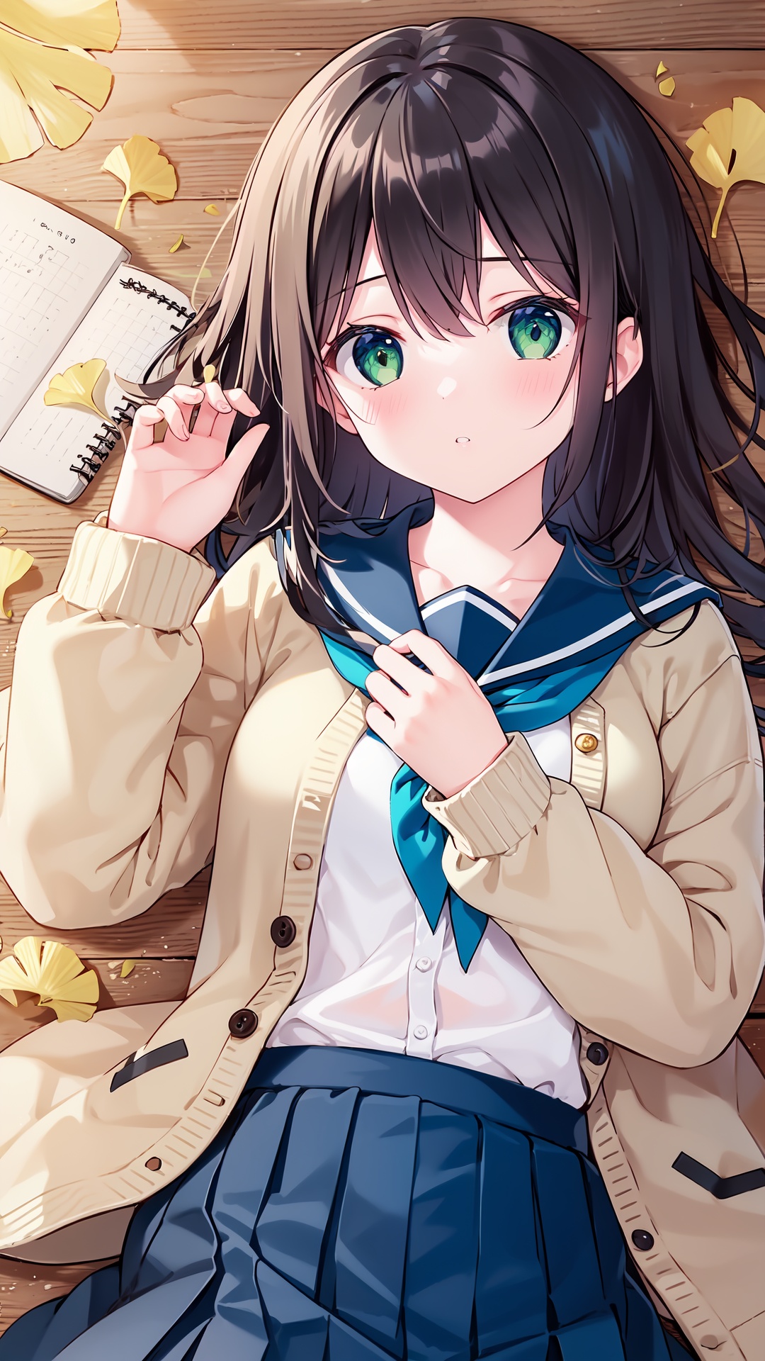 1girl, solo, school uniform, lying, Chinese wolfberry, green eyes, on back, brown hair, looking at viewer, on floor, book, serafuku, blue neckerchief, sailor collar, white shirt, neckerchief, leaf, blush, cardigan, shirt, ginkgo leaf, ginkgo leaf, open clothes, bangs, twitter username, parted lips, open cardigan, collarbone, long sleeves, holding leaf, holding, wooden floor, hair between eyes, upper body, long hair, indoors, brown cardigan, skirt, from above, autumn leaves, blue sailor collar, notebook