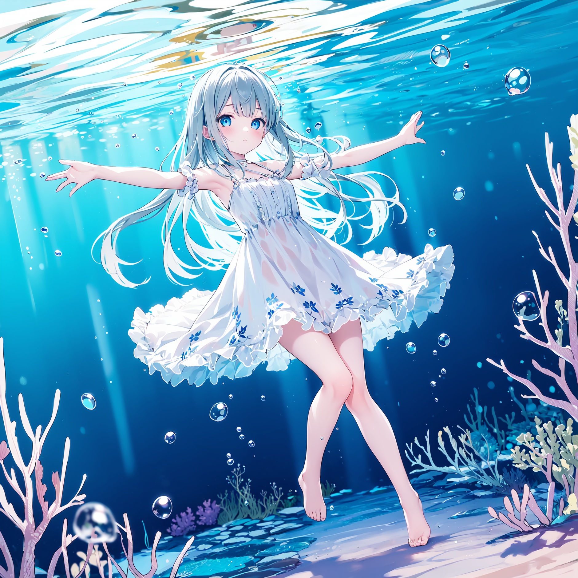  wide shot, (solo:1.3), dramatic angle, (underwater:1.2), masterpiece, best quality, intricate detail, 1girl, swimming, loli, (long hair:1.2), solo, expressionless, blue eyes, looking_up, shoulder strap dress, floating hair, floating clothes, god rays, bubble, barefoot, (full body:1.2), outstretched arm, , perfect hands,