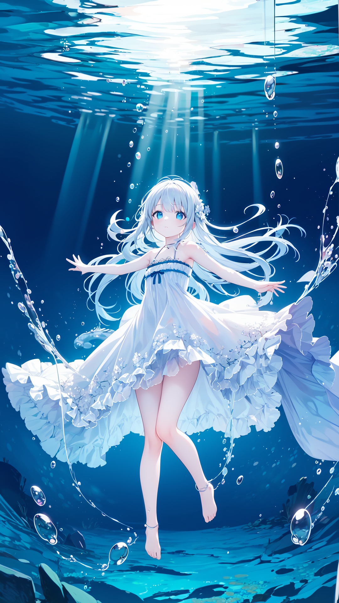wide shot, (solo:1.3), dramatic angle, (underwater:1.2), masterpiece, best quality, intricate detail, 1girl, swimming, loli, (long hair:1.2), solo, expressionless, blue eyes, looking_up, shoulder strap dress, floating hair, floating clothes, god rays, bubble, barefoot, (full body:1.2), outstretched arm, , perfect hands