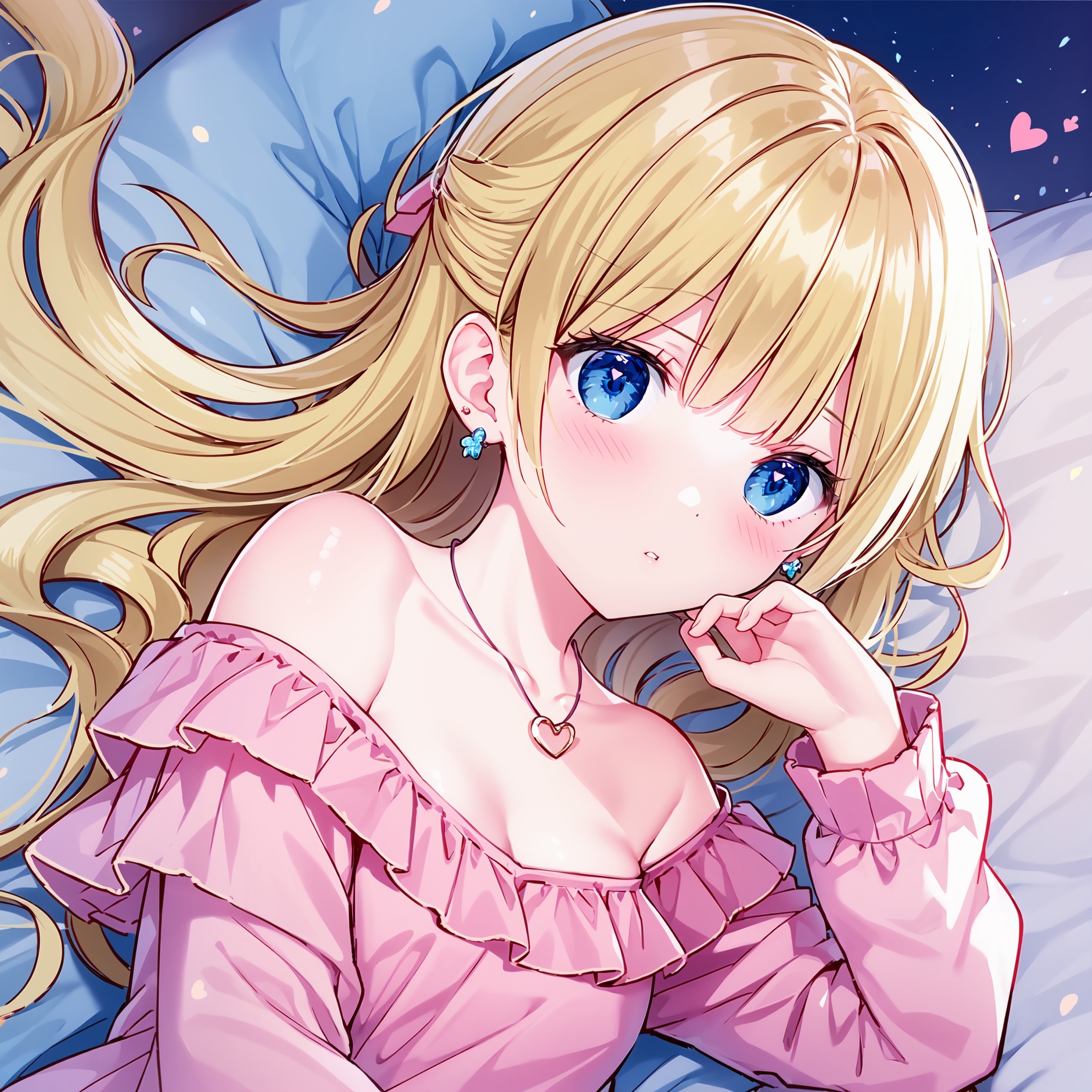1girl, solo, bow, looking at viewer, long hair, sleeves past wrists, parted lips, hair bow, jewelry, blonde hair, pink bow, lying, bangs, necklace, blush, on side, heart, collarbone, blue eyes, fence, bare shoulders, long sleeves, bed sheet, off shoulder, heart necklace, upper body, hand up