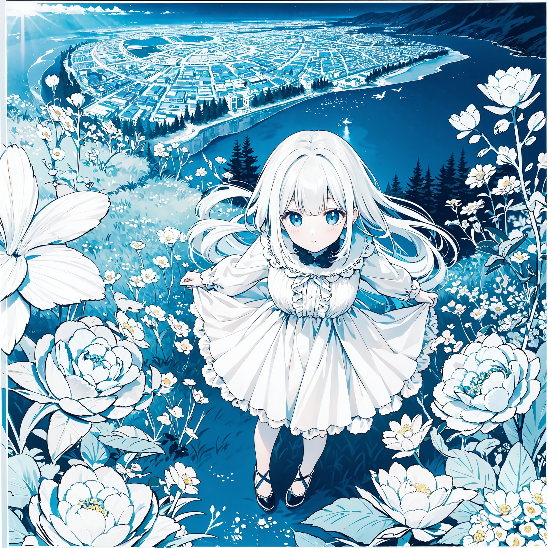 (official art, 8k wallpaper, ultra detailed, High quality, best quality),white flowers ,1girl,from above,bird's-eye_view,vintage filter,among flowers, backlight,limited_palette,white,field s of flowers