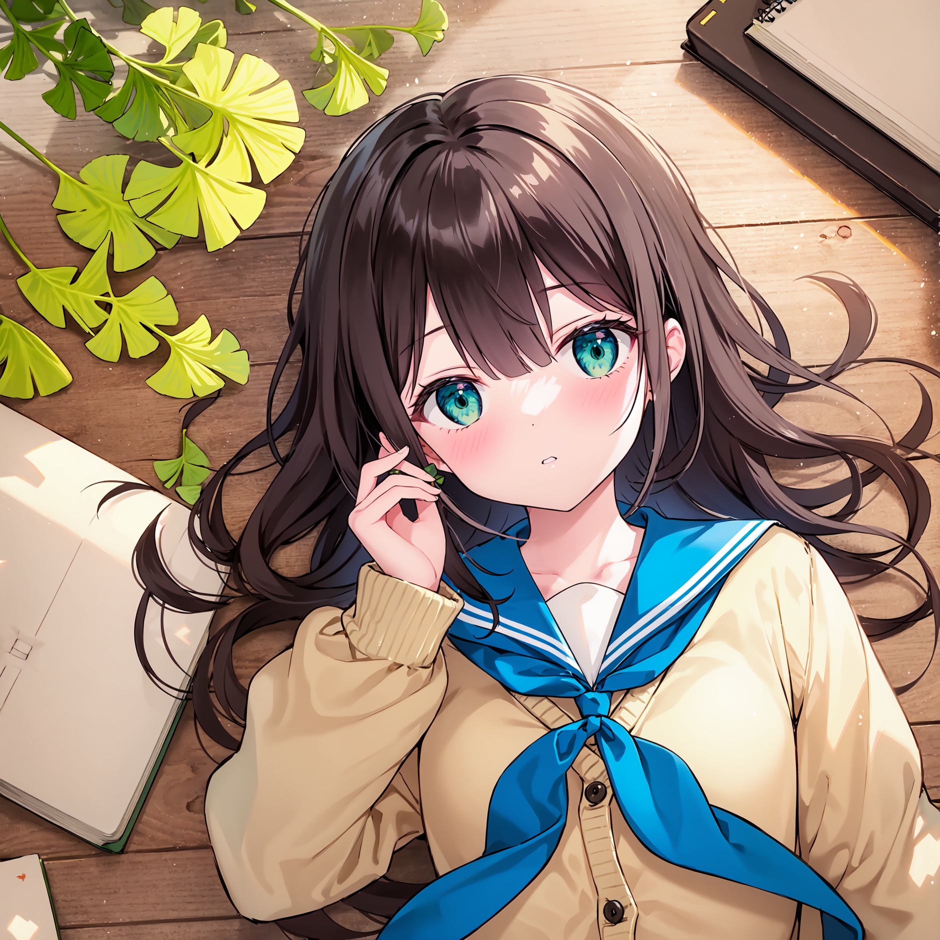 1girl,solo,school uniform,lying,Chinese wolfberry,green eyes,on back,brown hair,looking at viewer,on floor,book,serafuku,blue neckerchief,sailor collar,white shirt,neckerchief,leaf,blush,cardigan,shirt,ginkgo leaf,ginkgo leaf,open clothes,bangs,twitter username,parted lips,open cardigan,collarbone,long sleeves,holding leaf,holding,wooden floor,hair between eyes,upper body,long hair,indoors,brown cardigan,skirt,from above,autumn leaves,blue sailor collar,notebook,