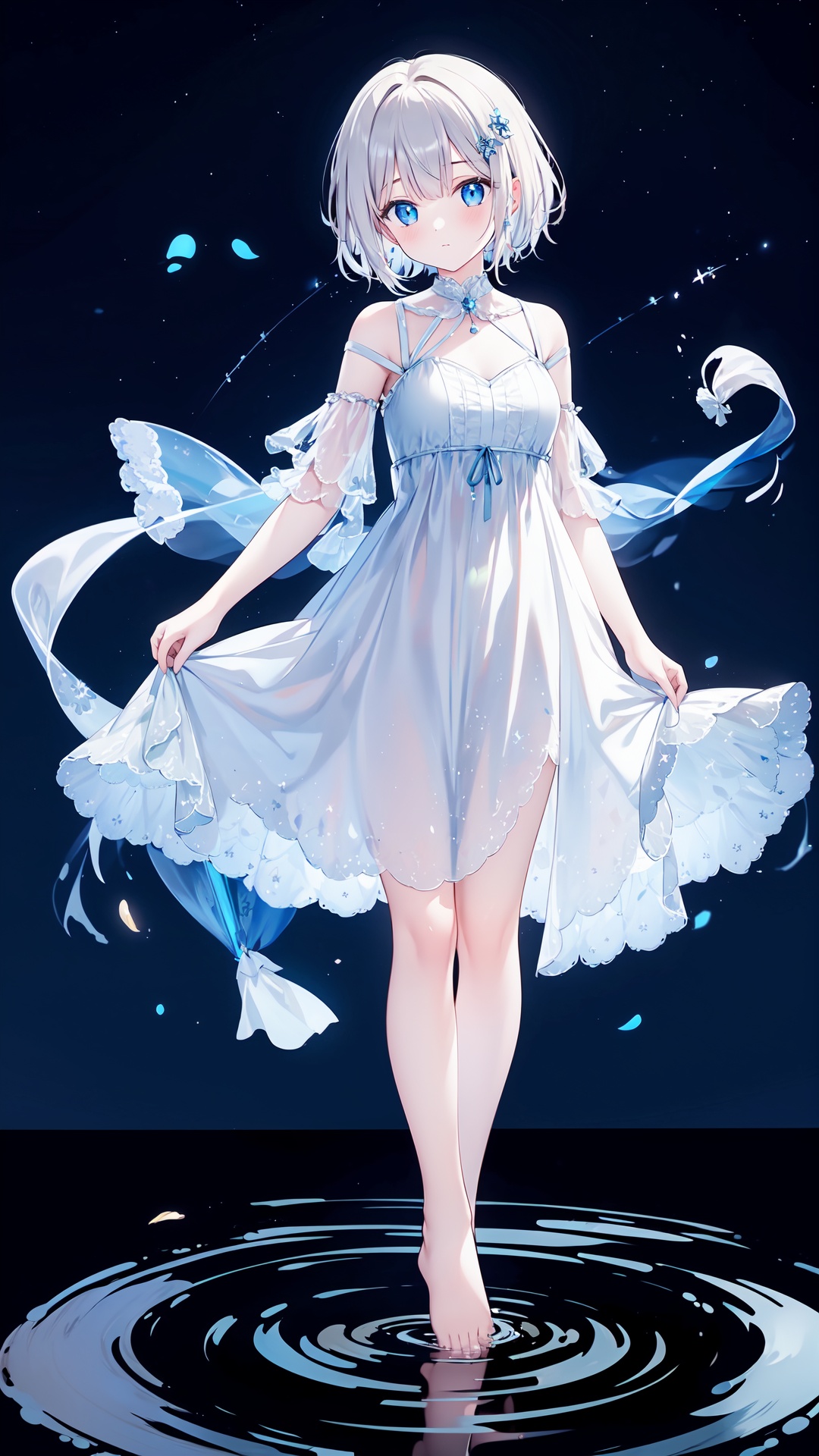 Best quality,8k,cg,night,glowing,transparent,barefoot,1girl,standing_on_liquid,ripples,sparkler,dress,Formed by light,starry_background,
