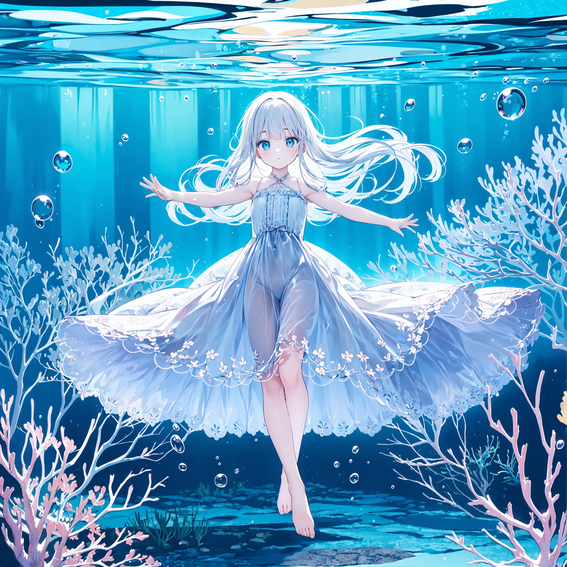  wide shot, (solo:1.3), dramatic angle, (underwater:1.2), masterpiece, best quality, intricate detail, 1girl, swimming, loli, (long hair:1.2), solo, expressionless, blue eyes, looking_up, shoulder strap dress, floating hair, floating clothes, god rays, bubble, barefoot, (full body:1.2), outstretched arm, , perfect hands,