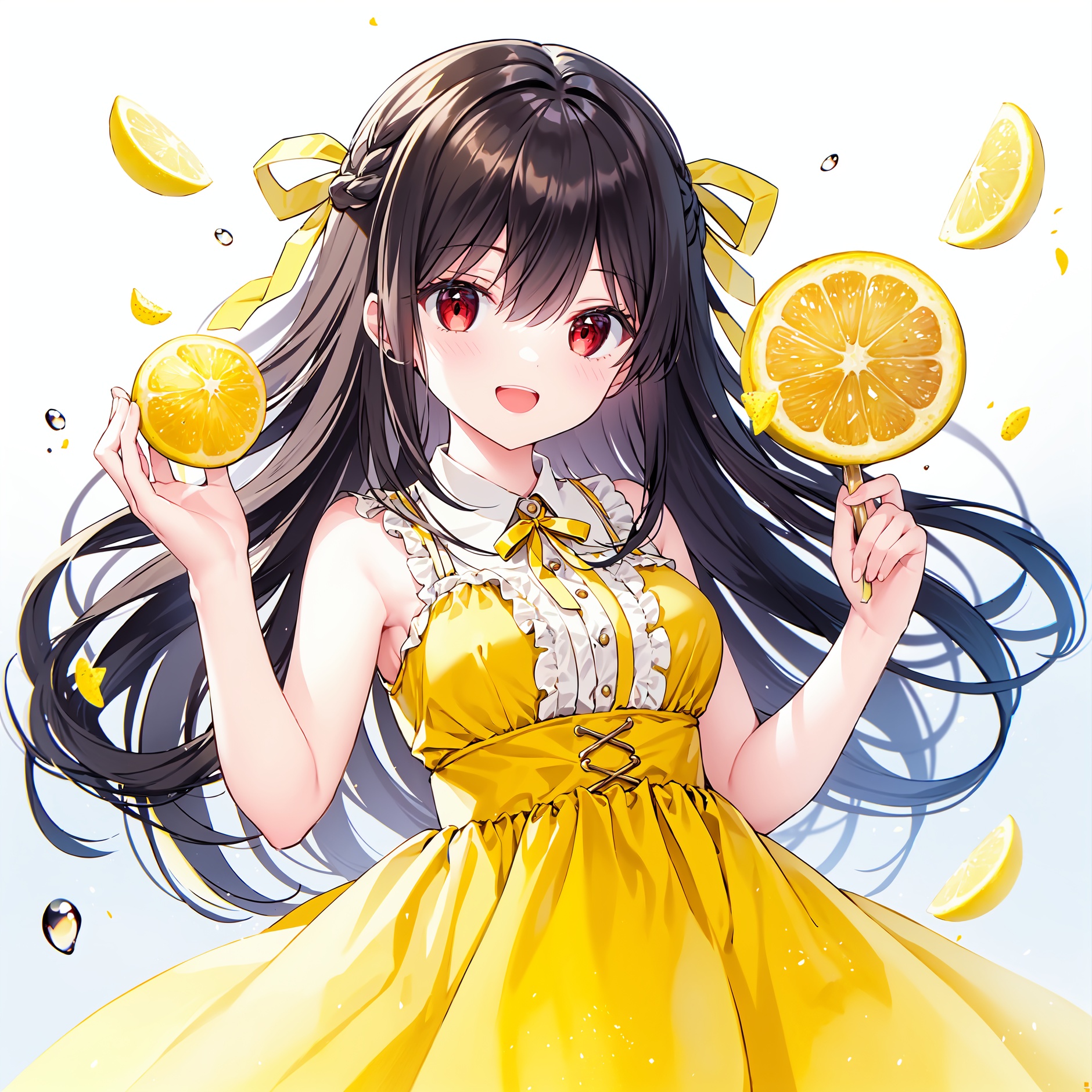 1girl, food, solo, lemon, fruit, red eyes, dress, long hair, holding, smile, sleeveless, brown hair, holding food, sleeveless dress, braid, very long hair, bangs, frills, lemon slice, :d, hair between eyes, open mouth, hair ribbon, looking at viewer, ribbon, hand up, breasts, collared dress, yellow dress, white background, medium breasts, bare arms, frilled dress, bare shoulders, yellow ribbon, upper teeth only