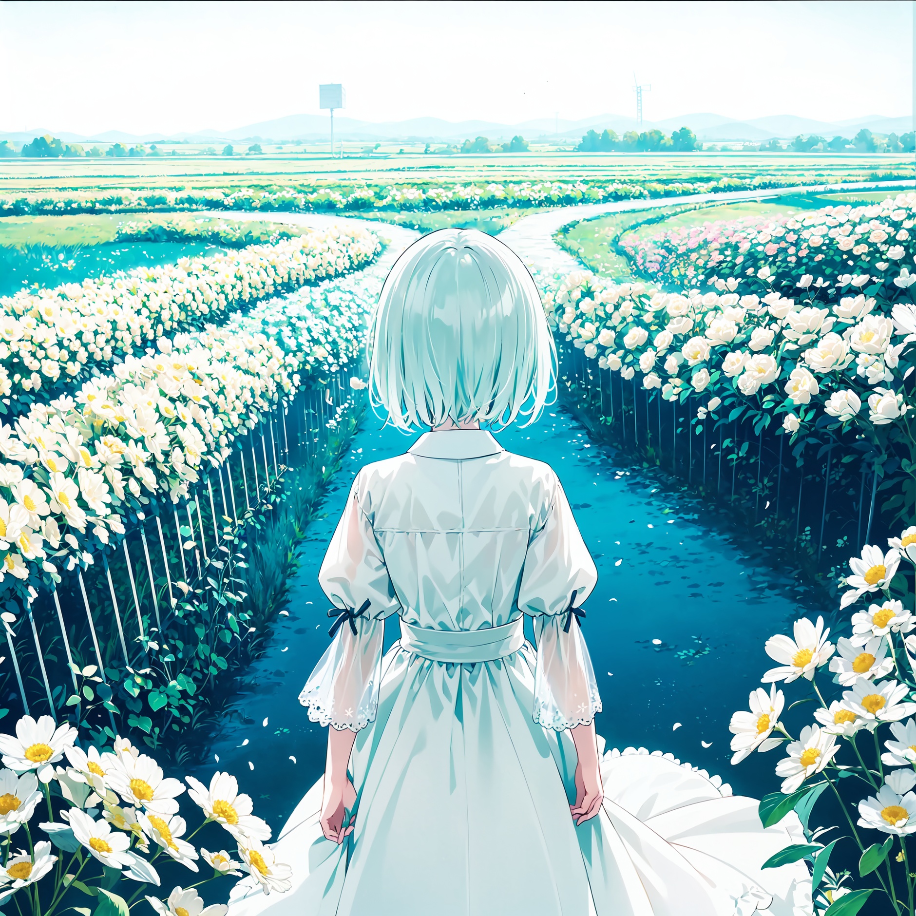 (official art, 8k wallpaper, ultra detailed, High quality, best quality),white flowers ,1girl,from above,bird's-eye_view,vintage filter,among flowers, backlight,limited_palette,white,field s of flowers